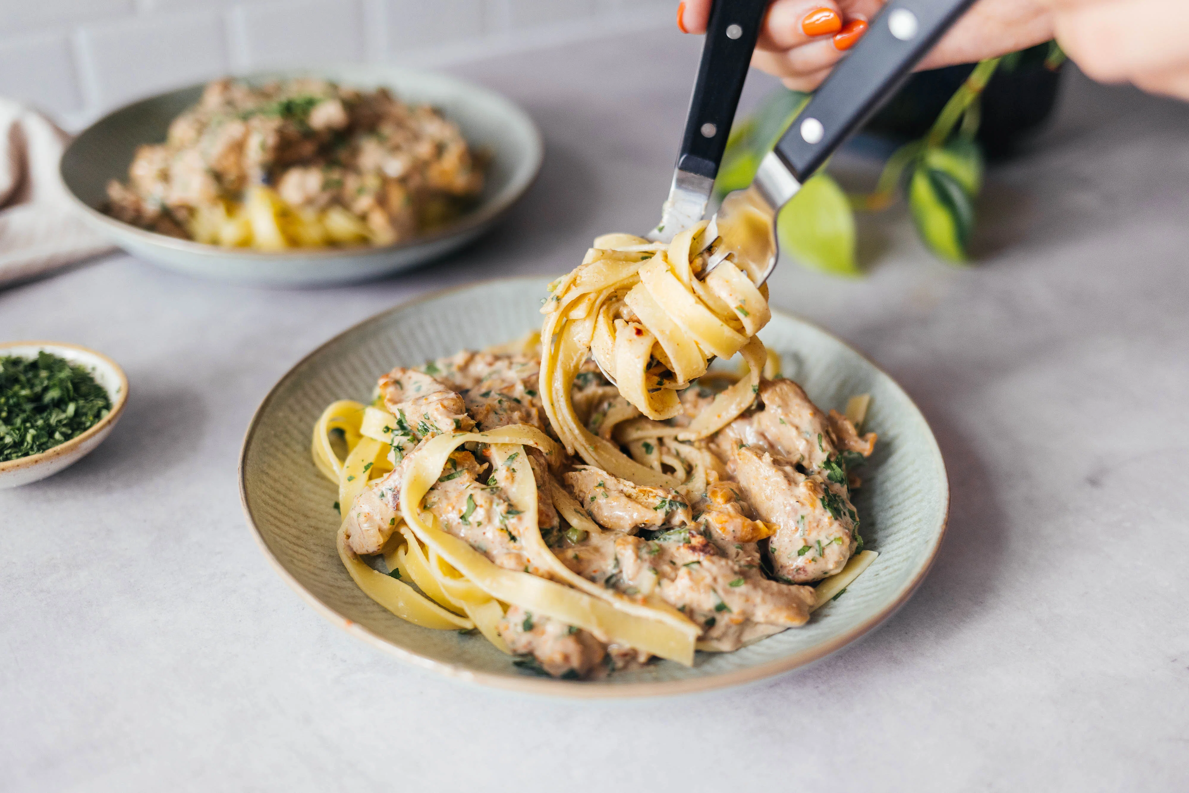 Creamy Tagliatelle with Soy Chunks and Chanterelles