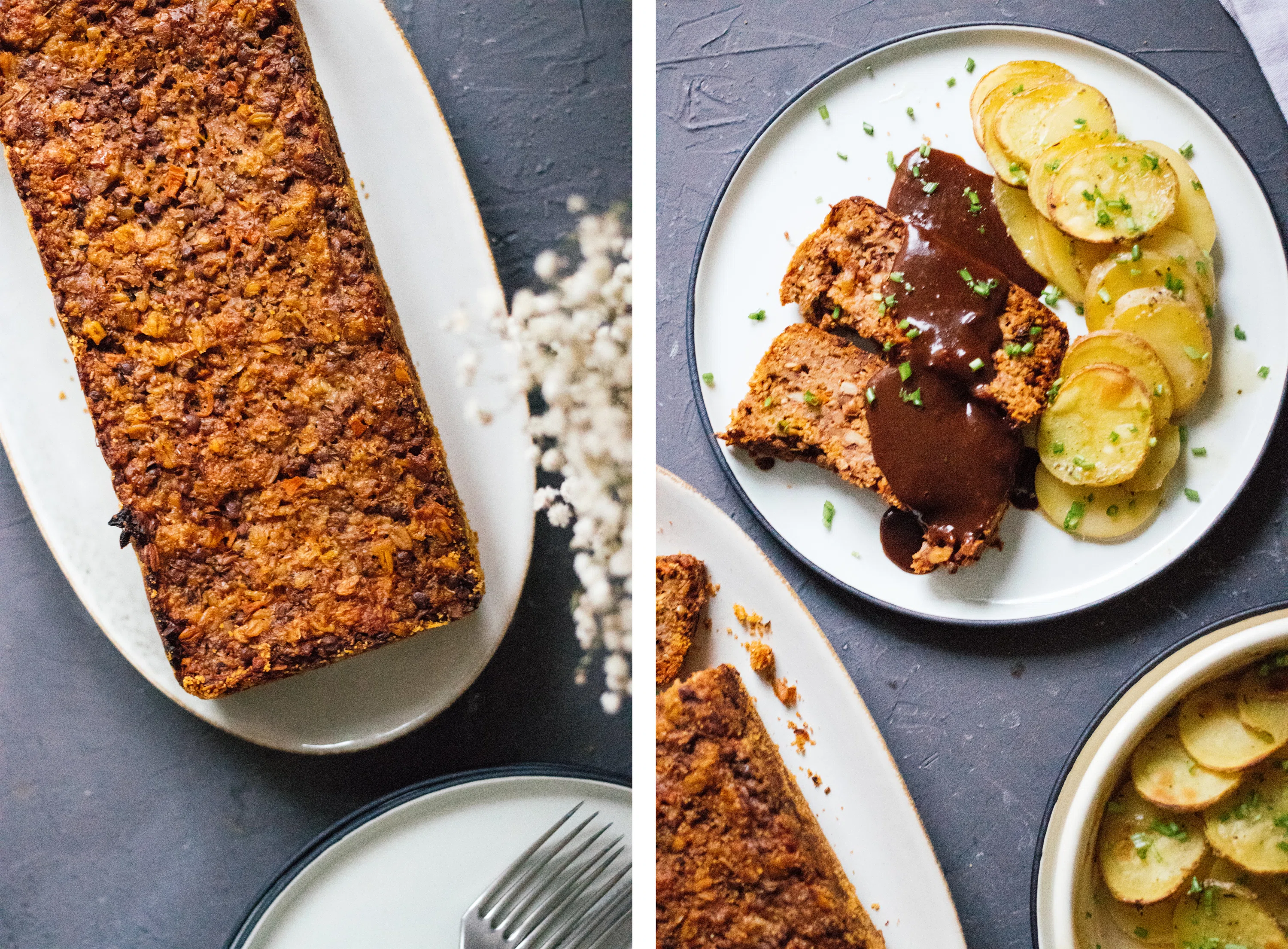 R337 Linsenbraten mit veganem Kartoffelgratin