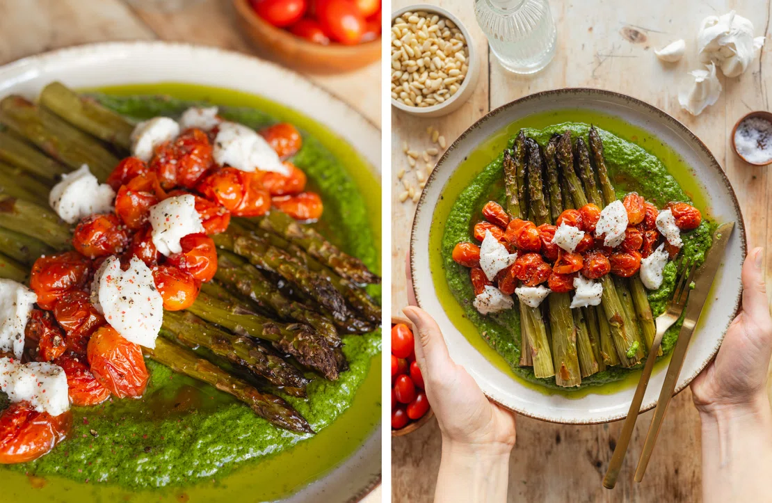 Gebackener grüner Spargel Caprese-Style - Zucker&amp;Jagdwurst