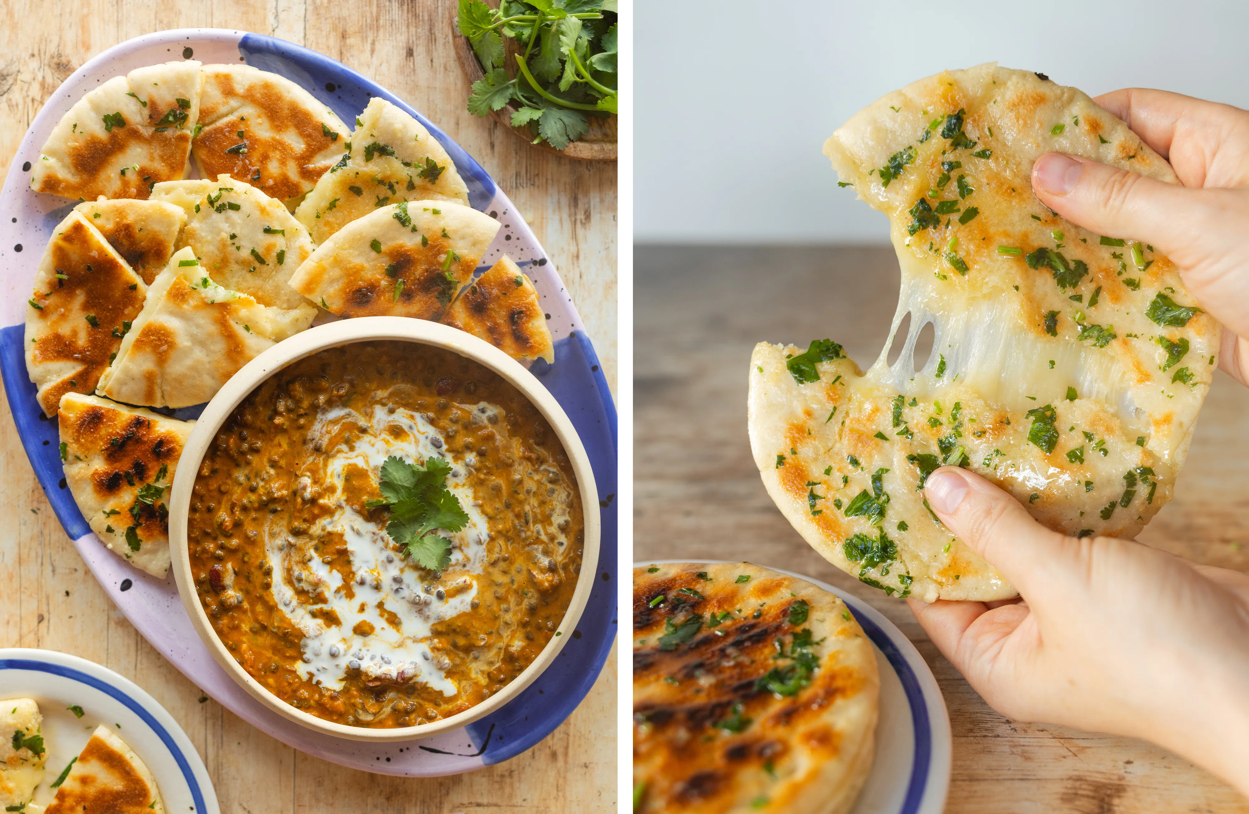 R995 Veganes Dal Makhani mit Knoblauch-Käse-Pita