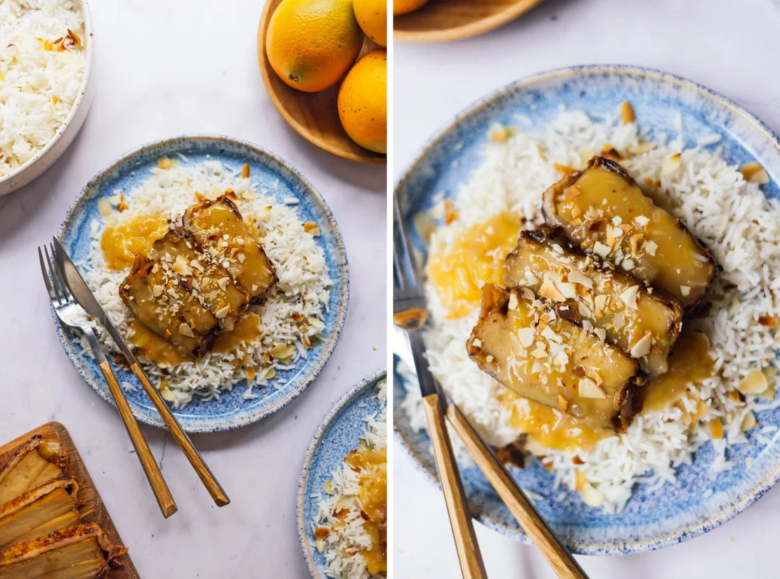 Vegane Ente mit Orangensoße und Mandelreis | Rezept - Zucker&amp;Jagdwurst