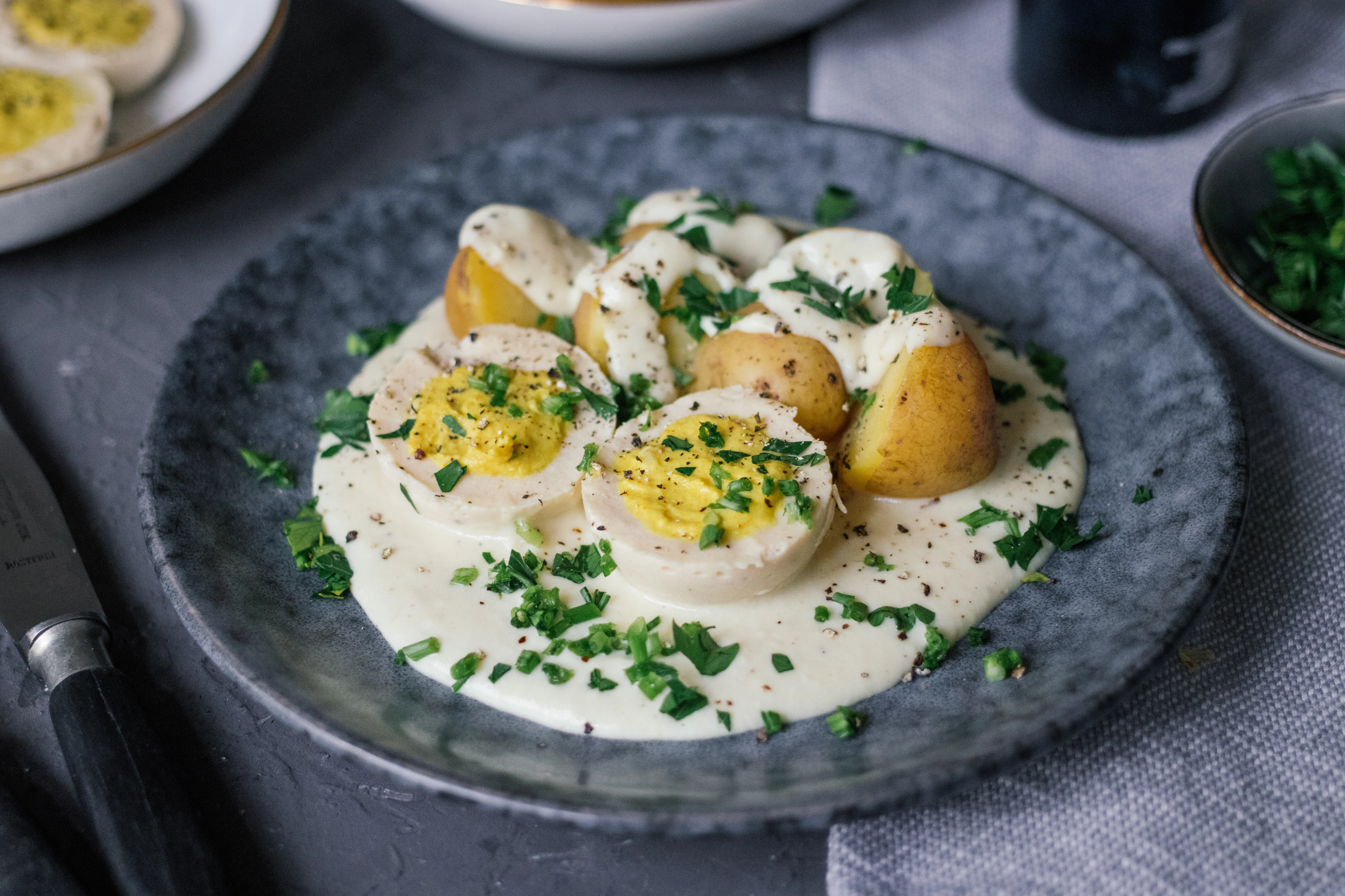 Vegan Boiled Eggs in Creamy Mustard Sauce with Potatoes