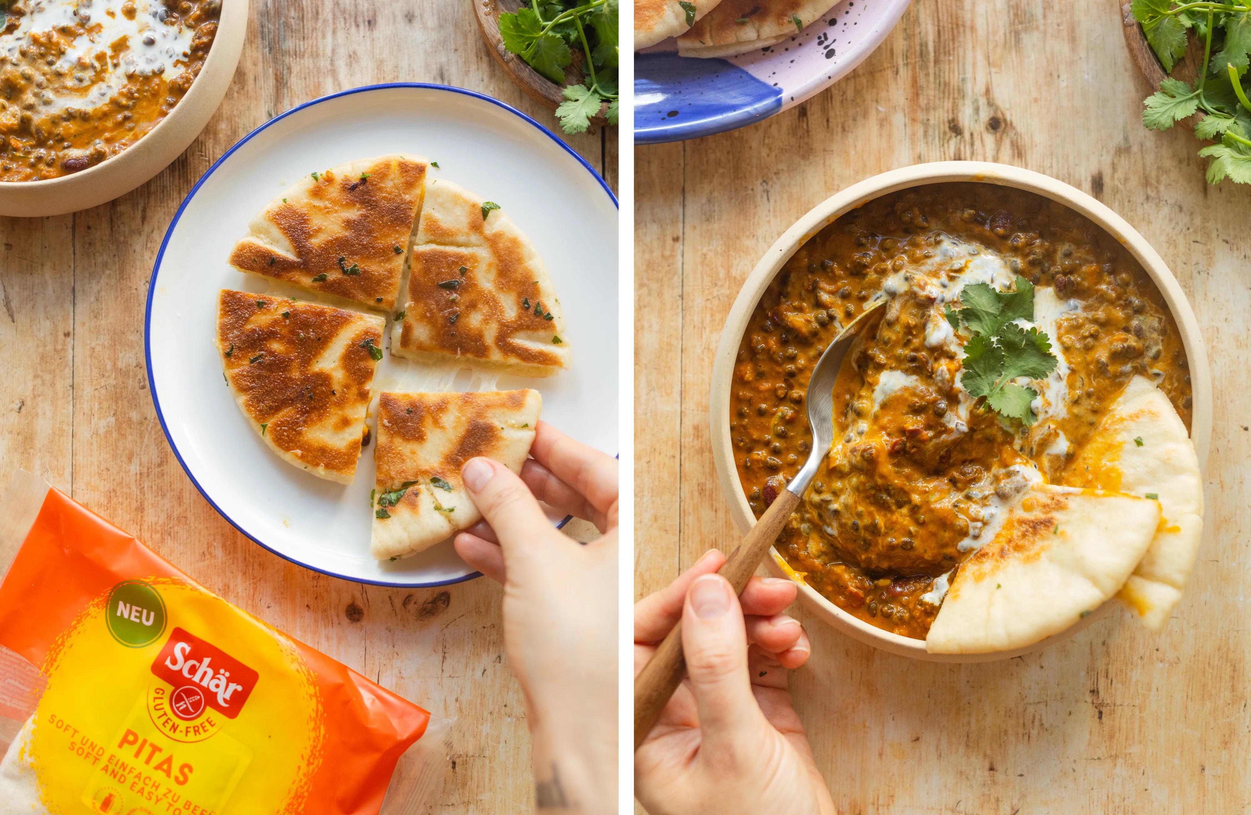 R995 Veganes Dal Makhani mit Knoblauch-Käse-Pita