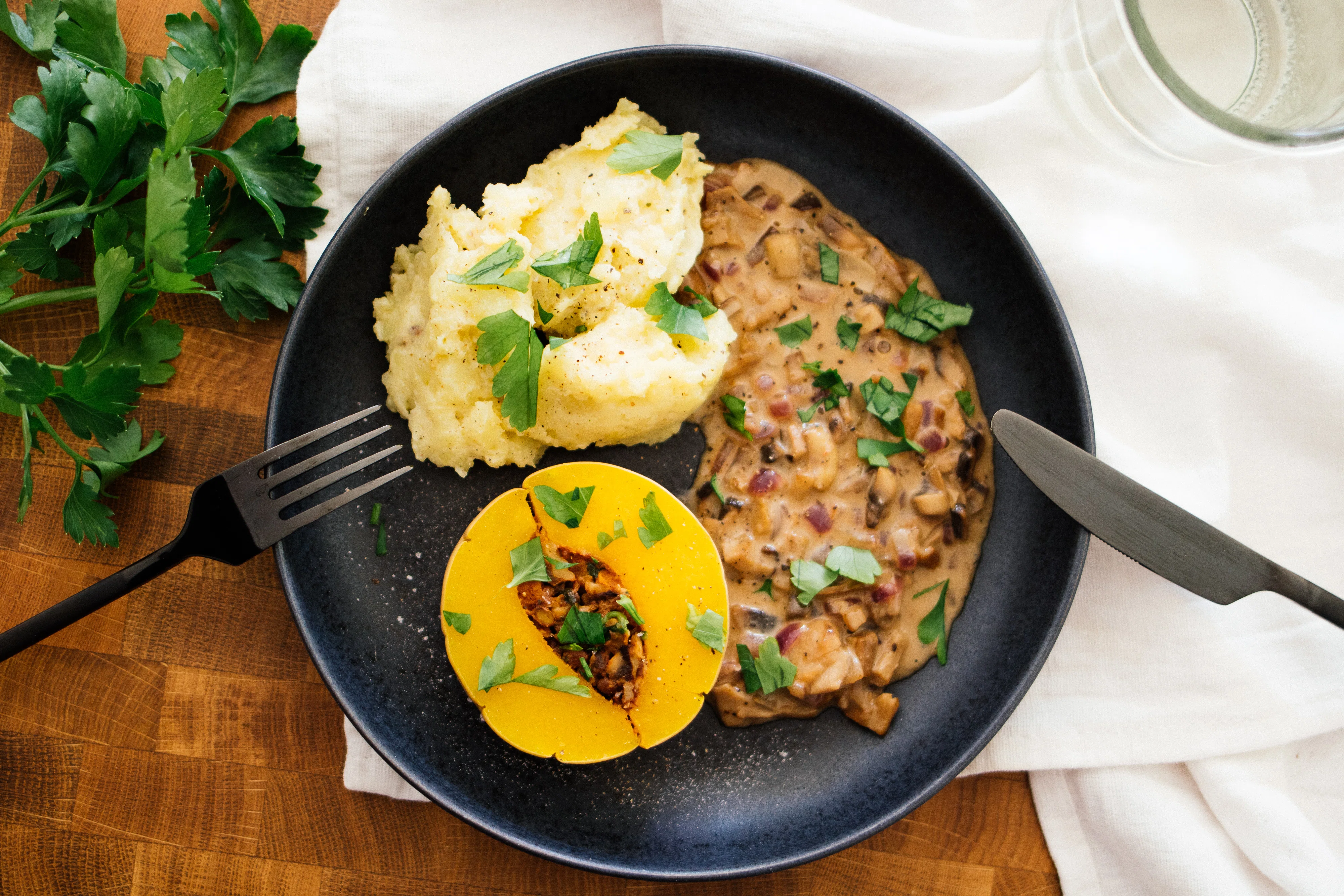 Stuffed Butternut Squash with vegan Cream Sauce &amp; Potato Mash