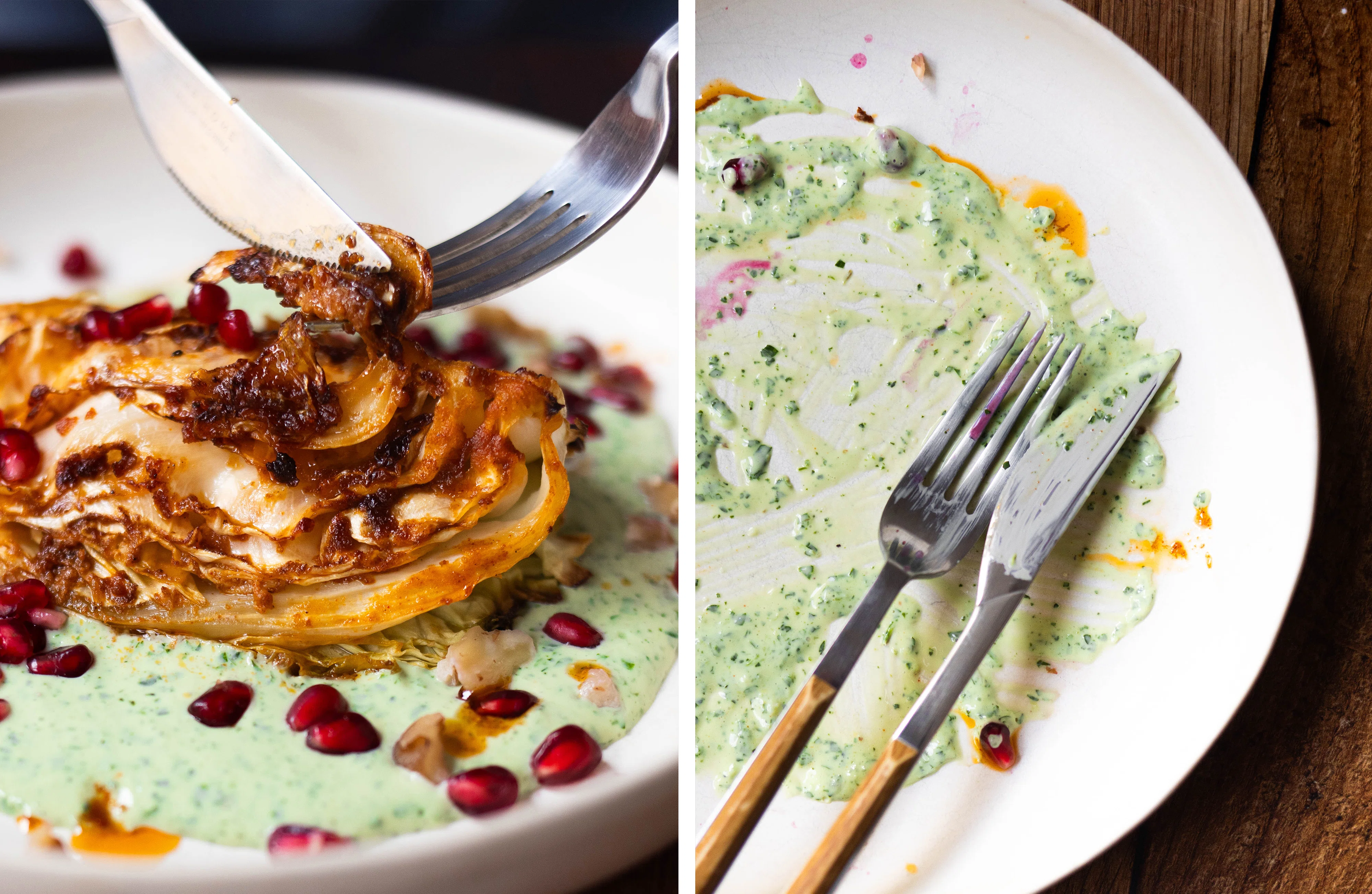 R884 Gebackener Spitzkohl auf Kräuterjoghurt mit Walnuss-Granatapfel-Topping