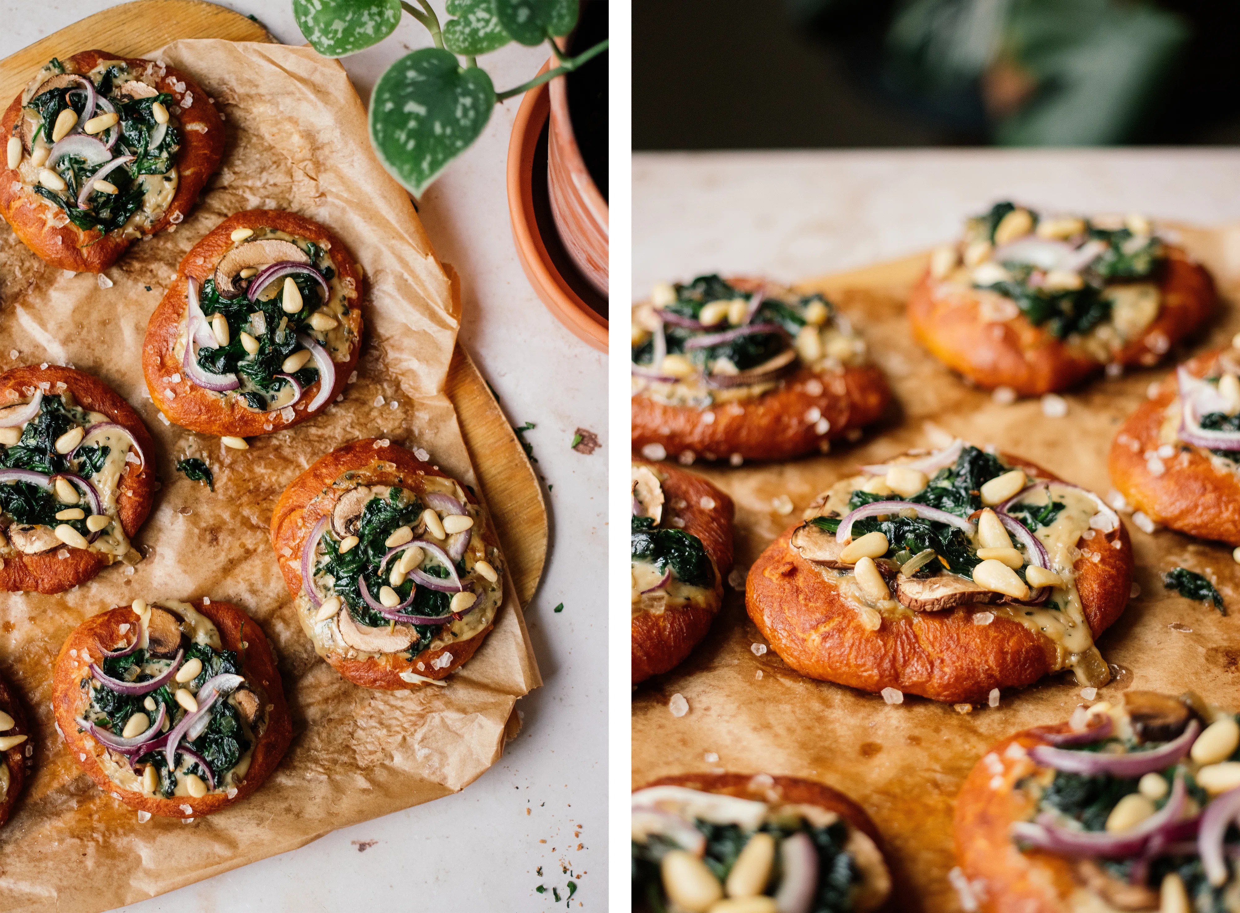 R208 Vegane Brezel-Mini-Pizza mit Spinat