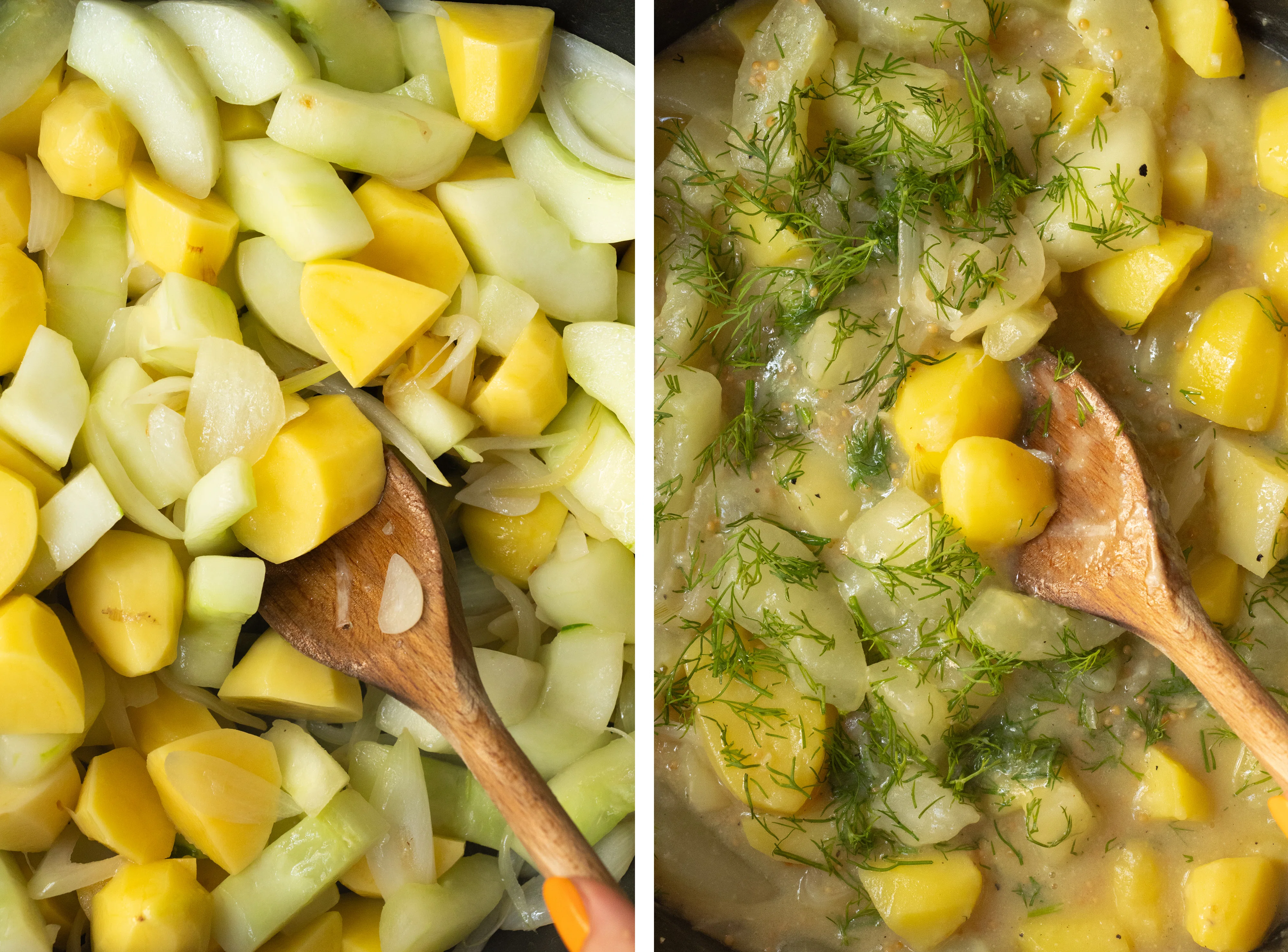 R837 Schmorgurken-Kartoffel-Pfanne mit veganen Hackbällchen