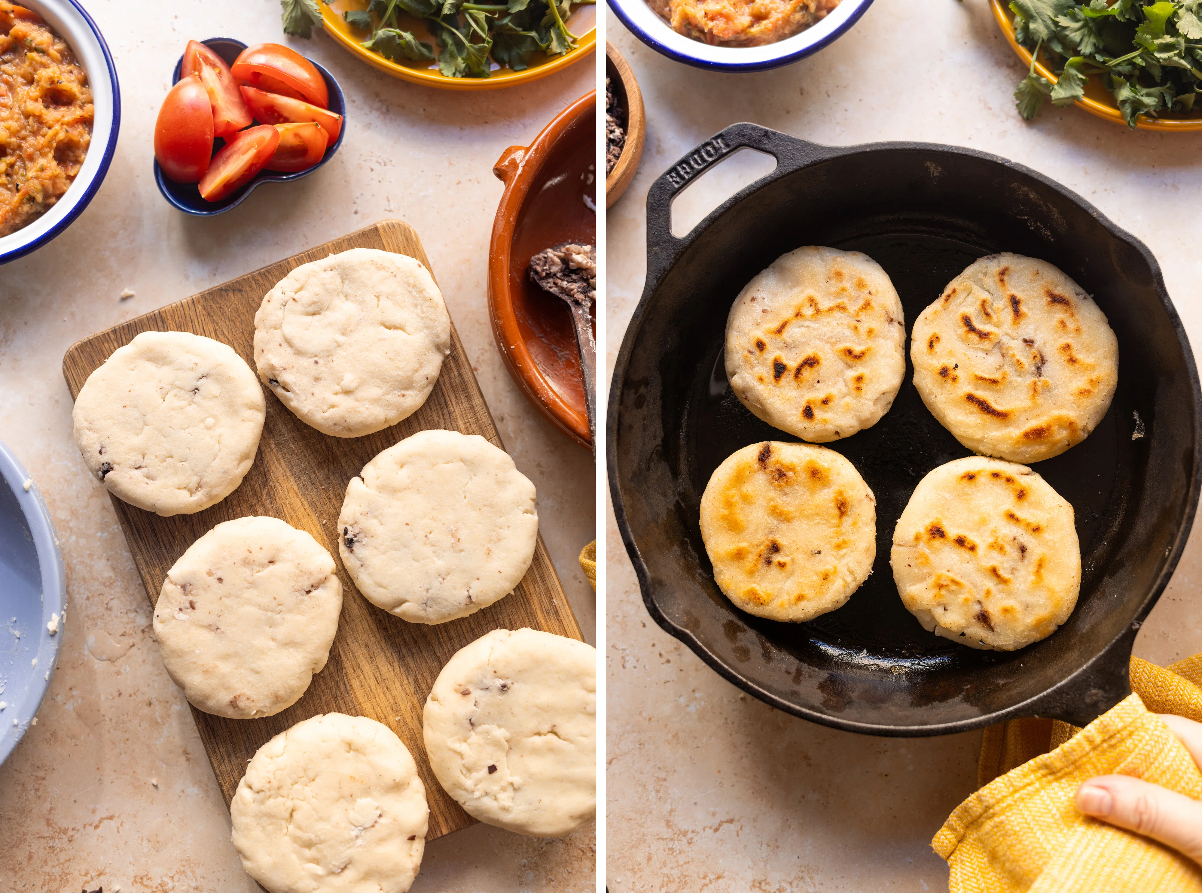 R959 Vegane Pupusas (Gefüllte Maistortillas) mit Bohnen-Käse-Füllung, Salsa Roja und Curtido