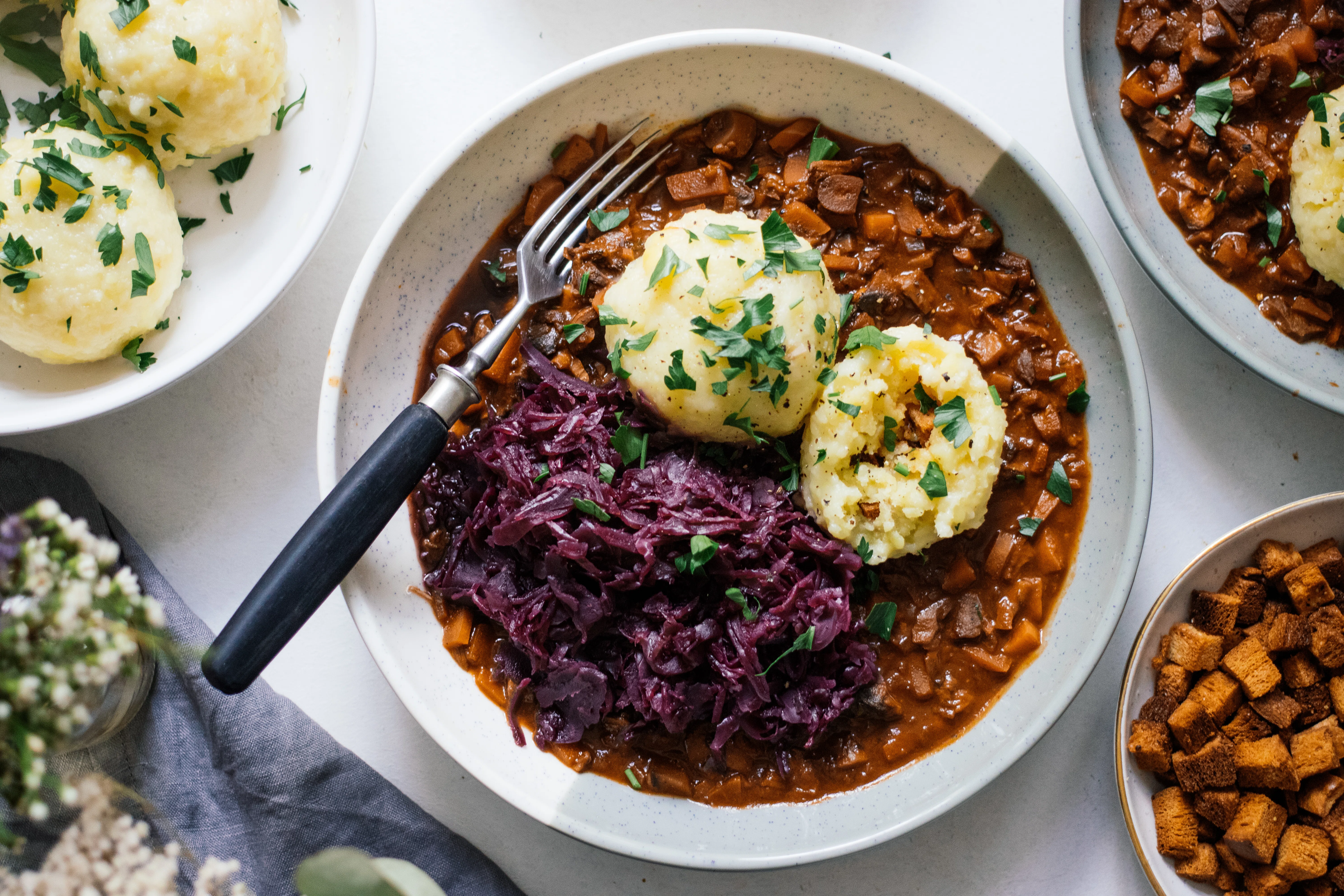 Vegan Potato Dumplings with Mushroom Ragout and Red Cabbage
