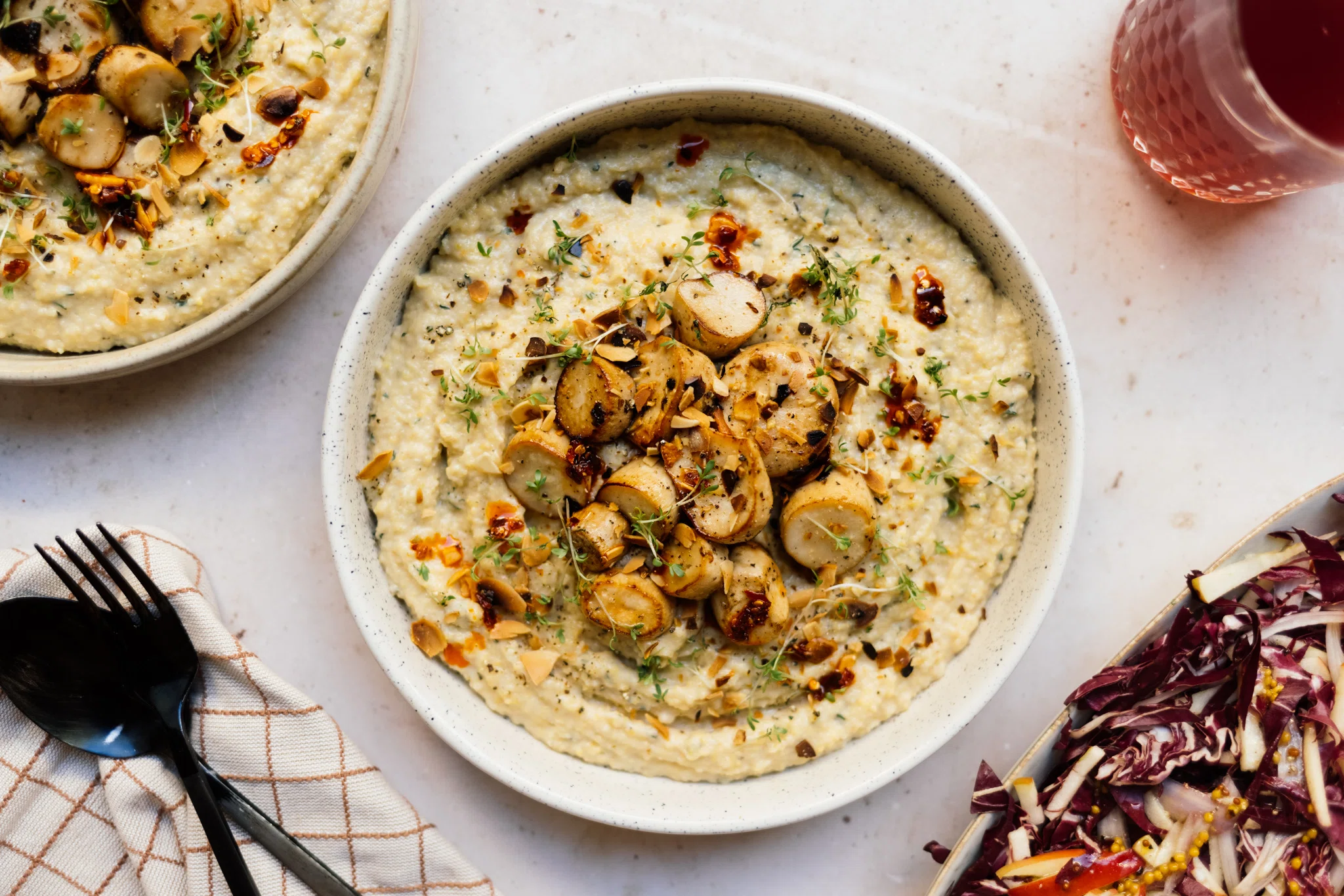 Vegan Herb Polenta with Mushroom Scallops & Radicchio Salad