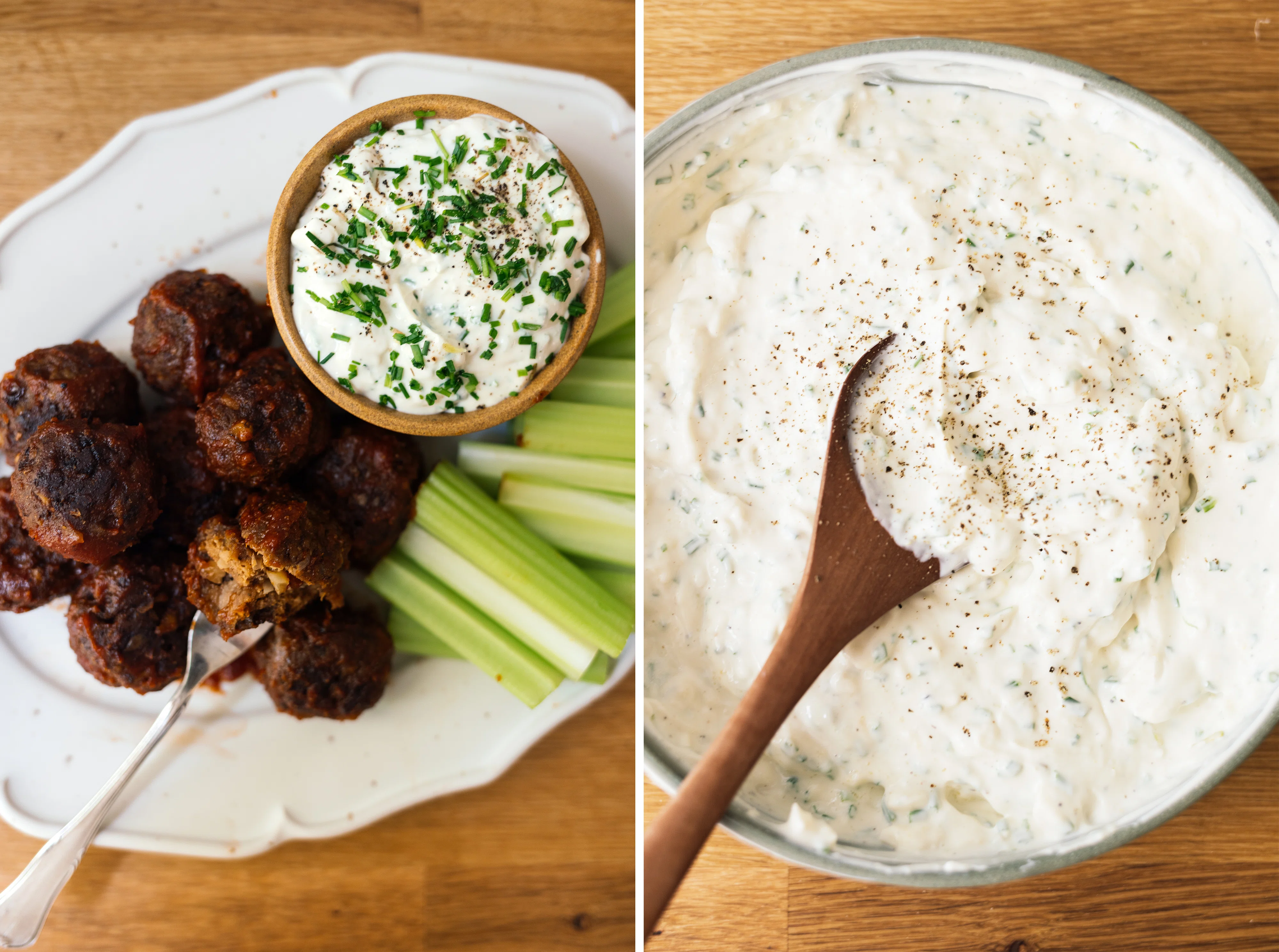 R735 Vegane Buffalo Meatballs mit Schnittlauch-Dip