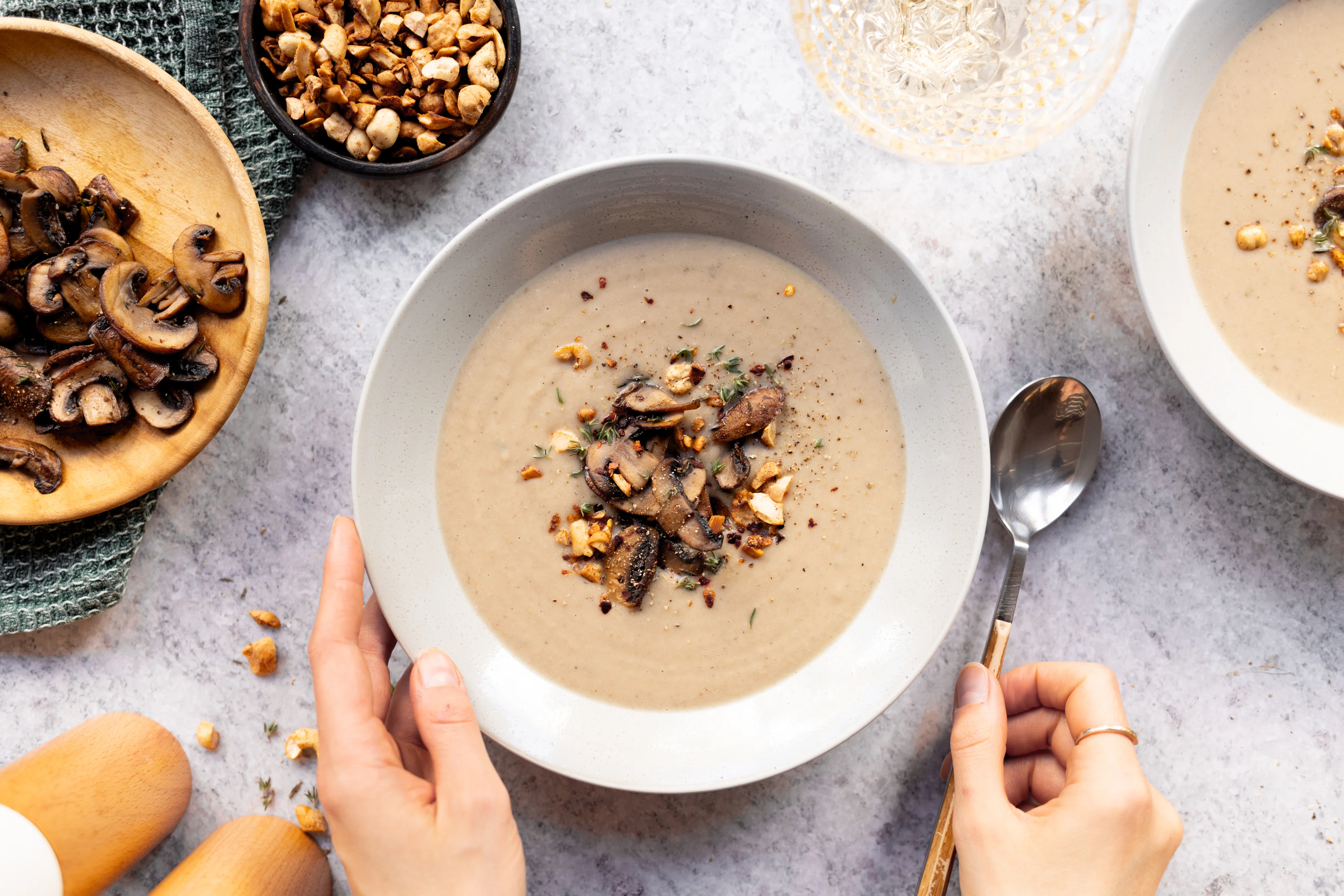 Vegan Chestnut Soup with roasted Mushrooms and spicy Nut Topping