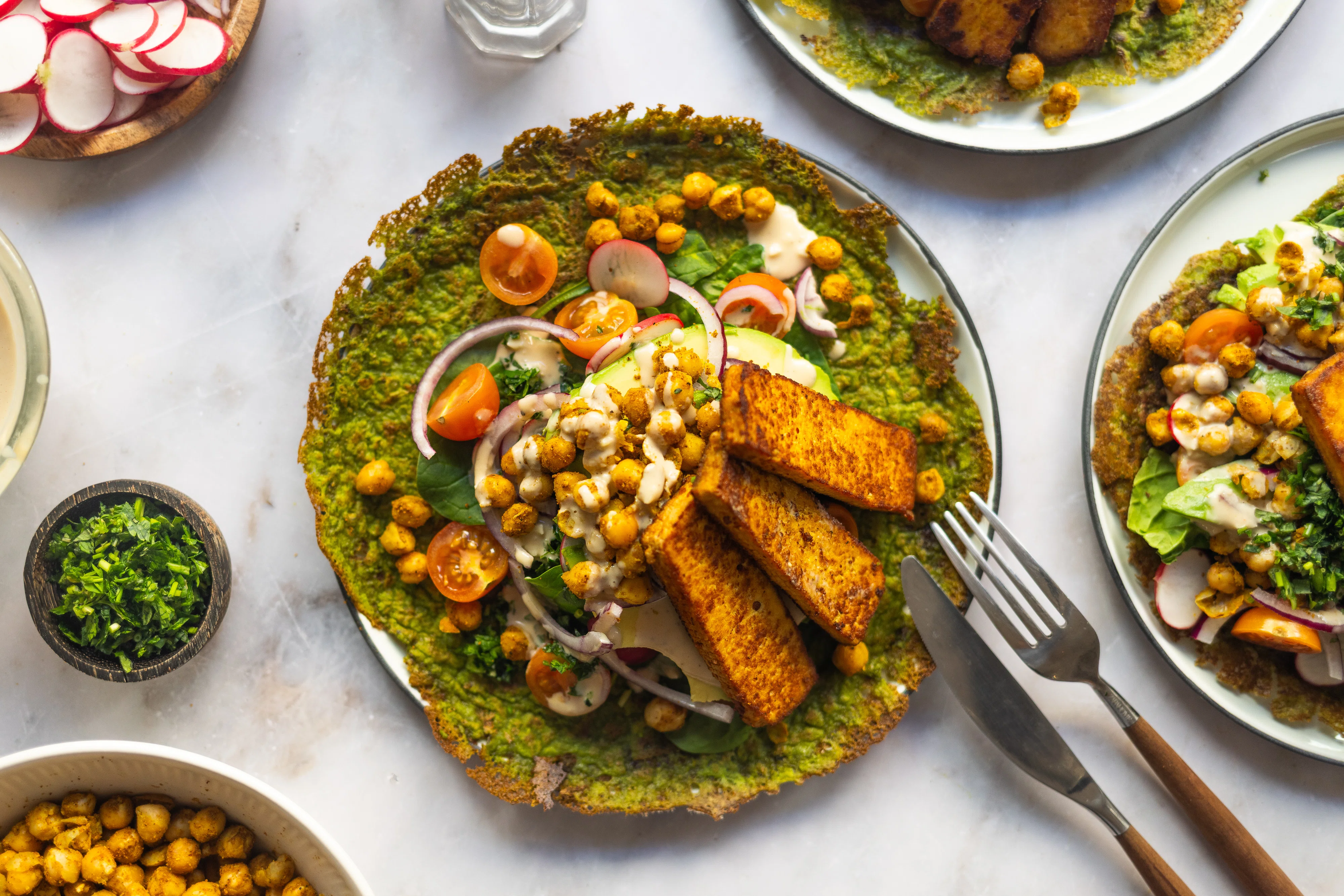 Green Pea Pancakes with Fresh Herbs, Dip, and Spinach