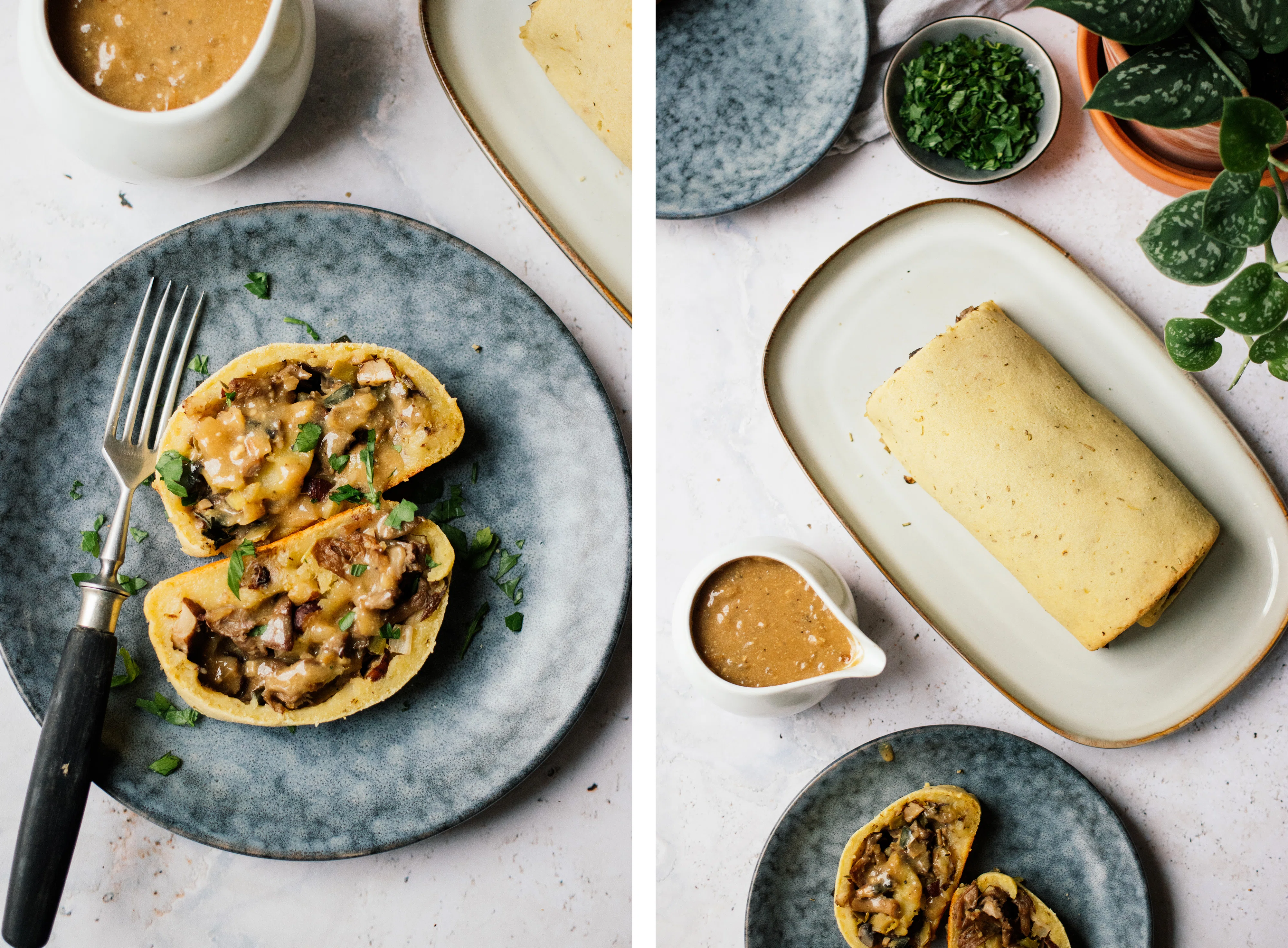 R551 Vegan Potato Roll with Mushroom and Nut Filling and Vegan Cream Sauce