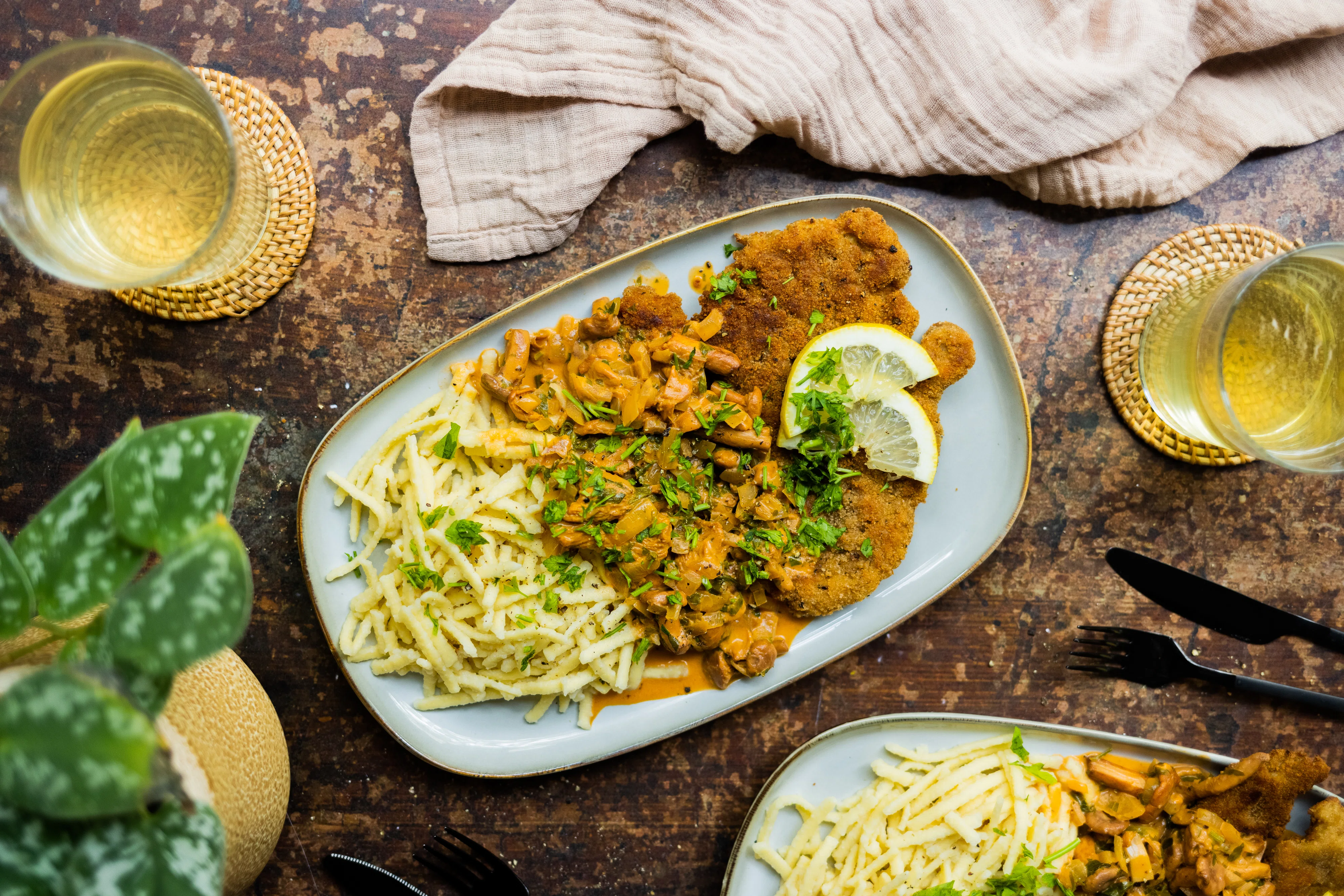 Vegan Schnitzel with Chanterelles & Spaetzle