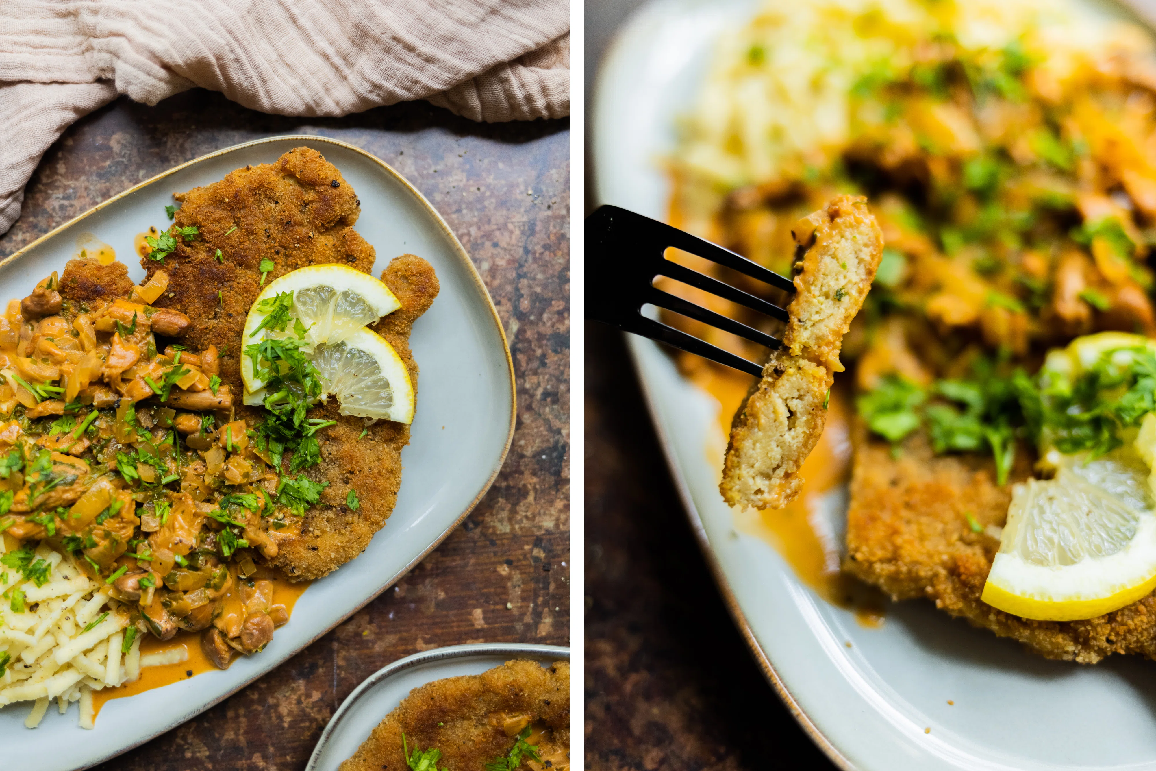 R668 Vegan Schnitzel with Chanterelles and Spaetzle