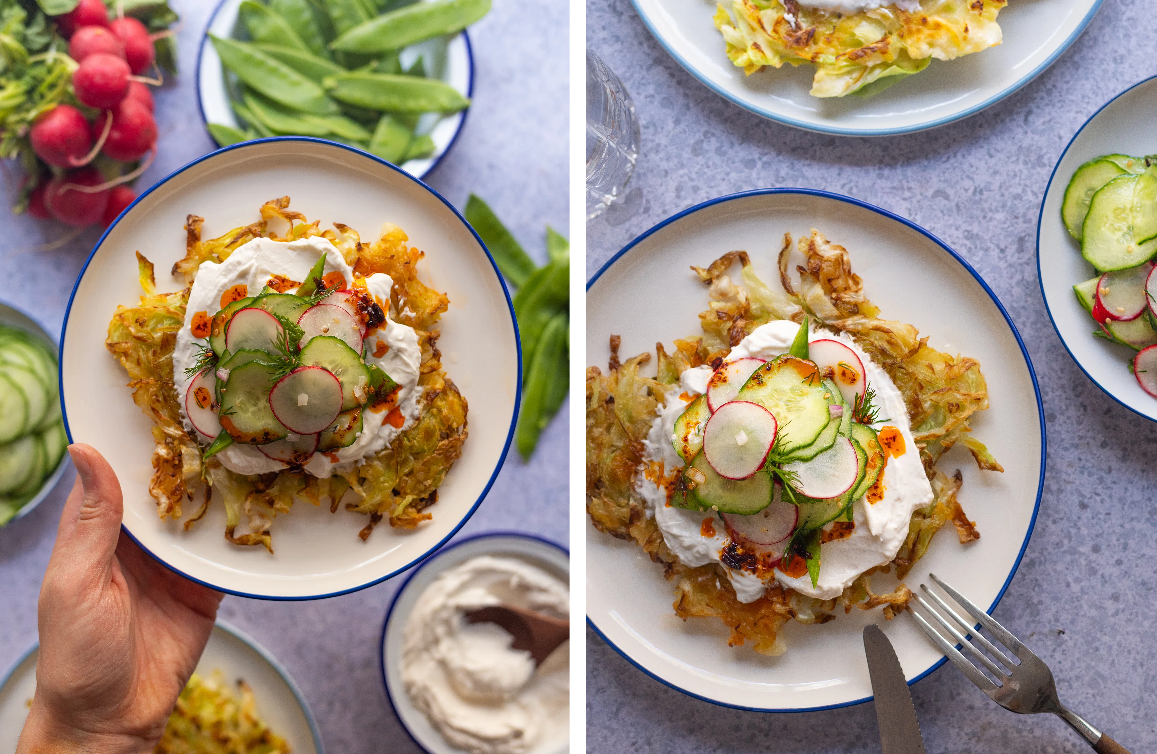 R972 Pointed Cabbage Rösti with Sour Cream and Radish-Cucumber-Sugar Snap Pea Salad