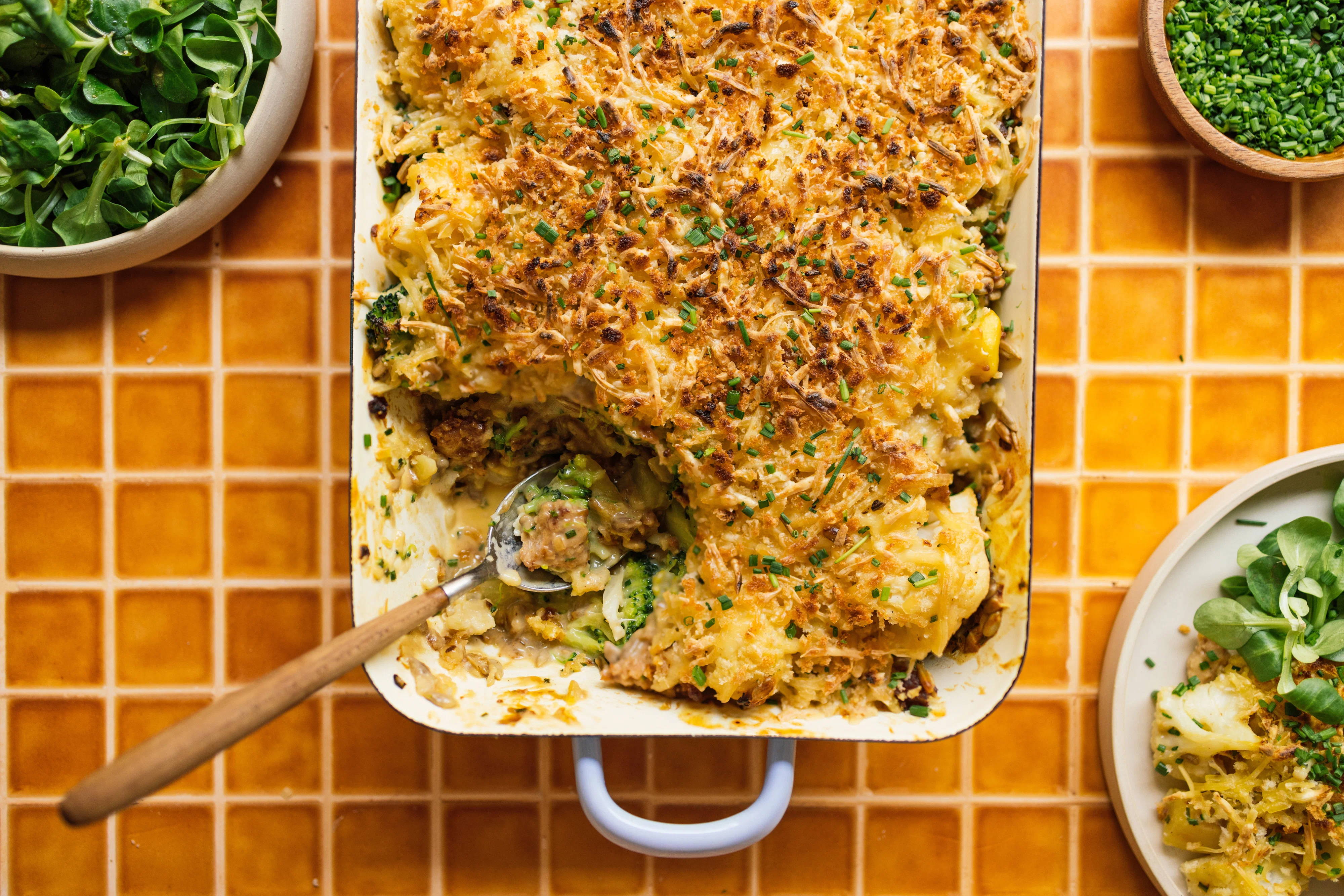 Cauliflower-Broccoli Casserole with Vegan Mince