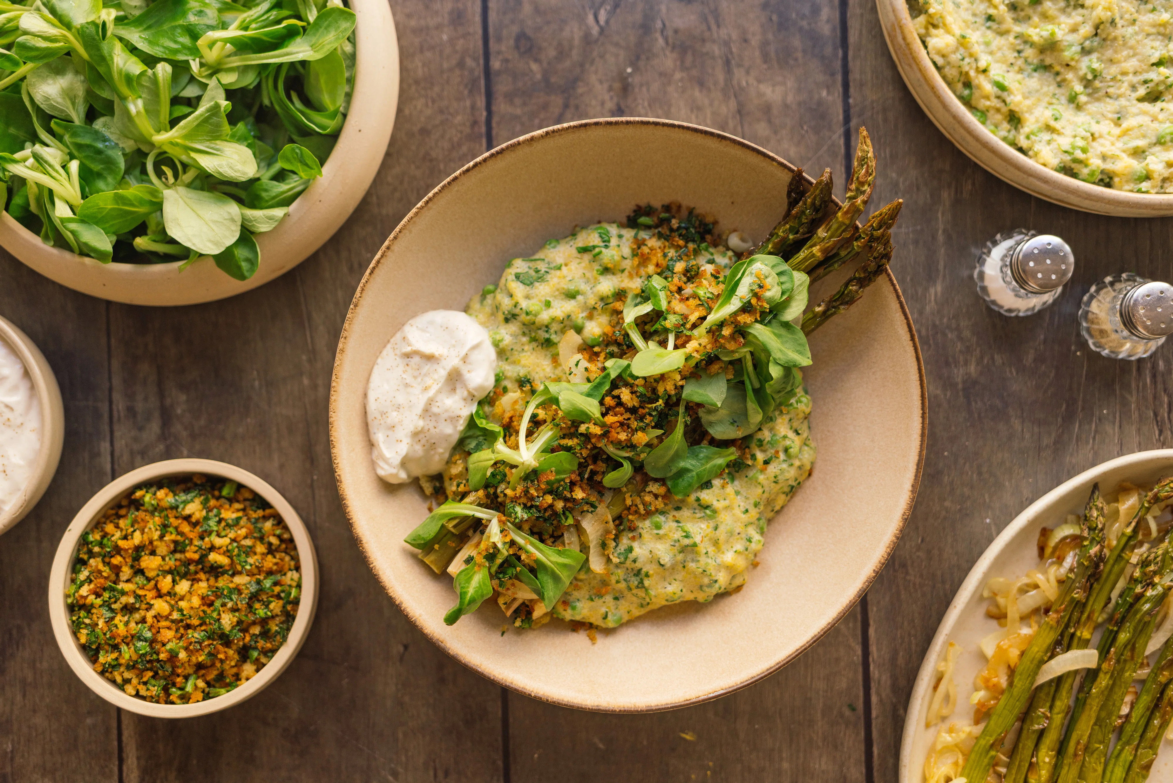 Vegan Lemon Polenta with Green Asparagus, Peas and Crunchy Topping