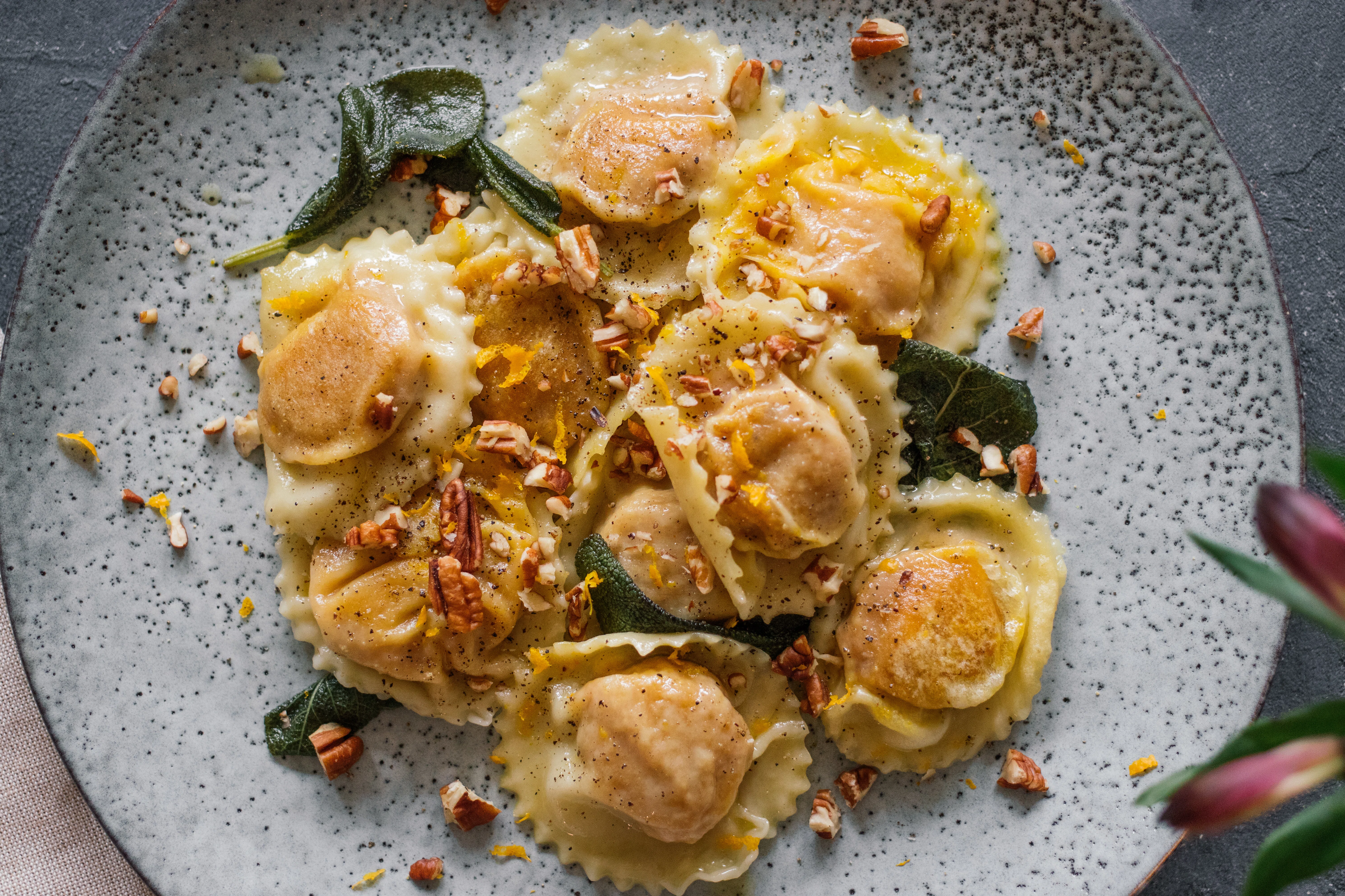 Vegan Pumpkin Ravioli in Sage Butter with Pecans