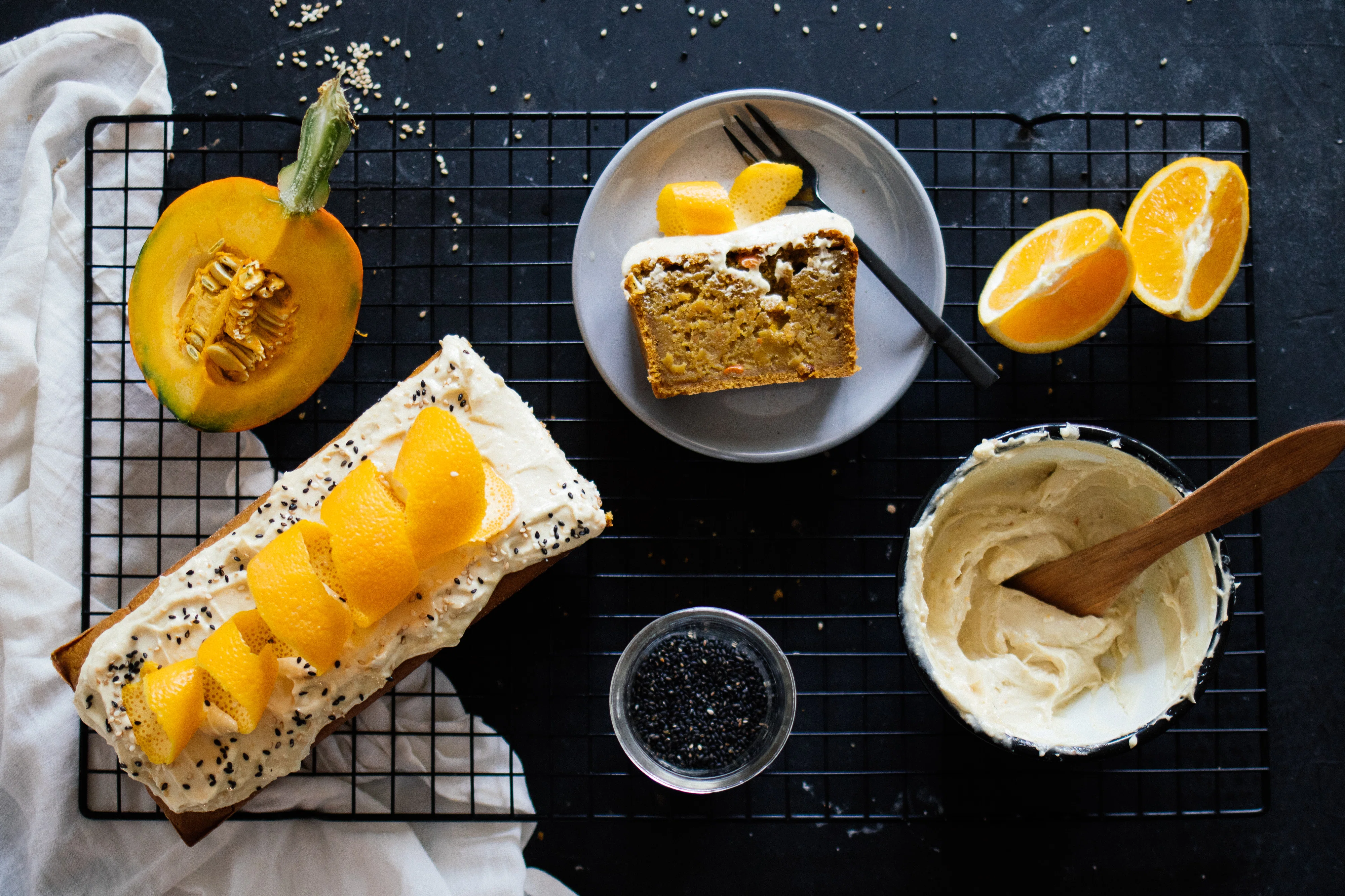 Vegan pumpkin cake with tahini orange frosting