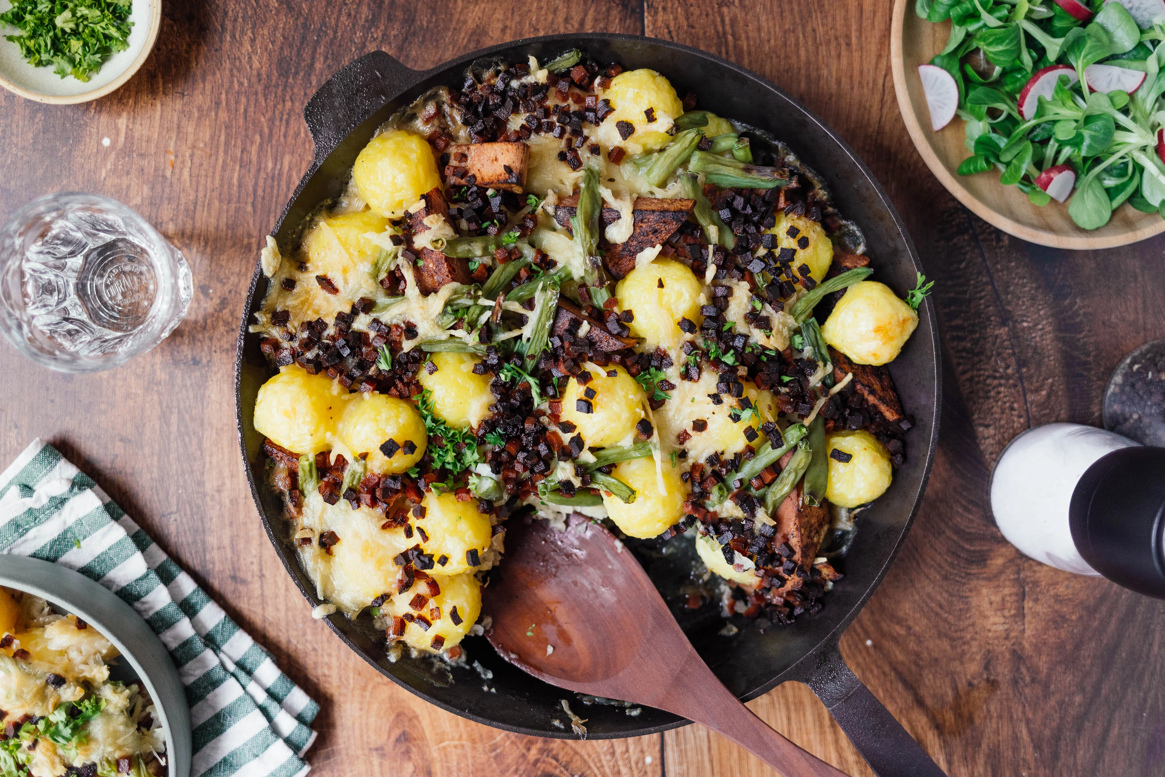 Vegan Potato Dumpling Casserole with Meatloaf and Sauerkraut