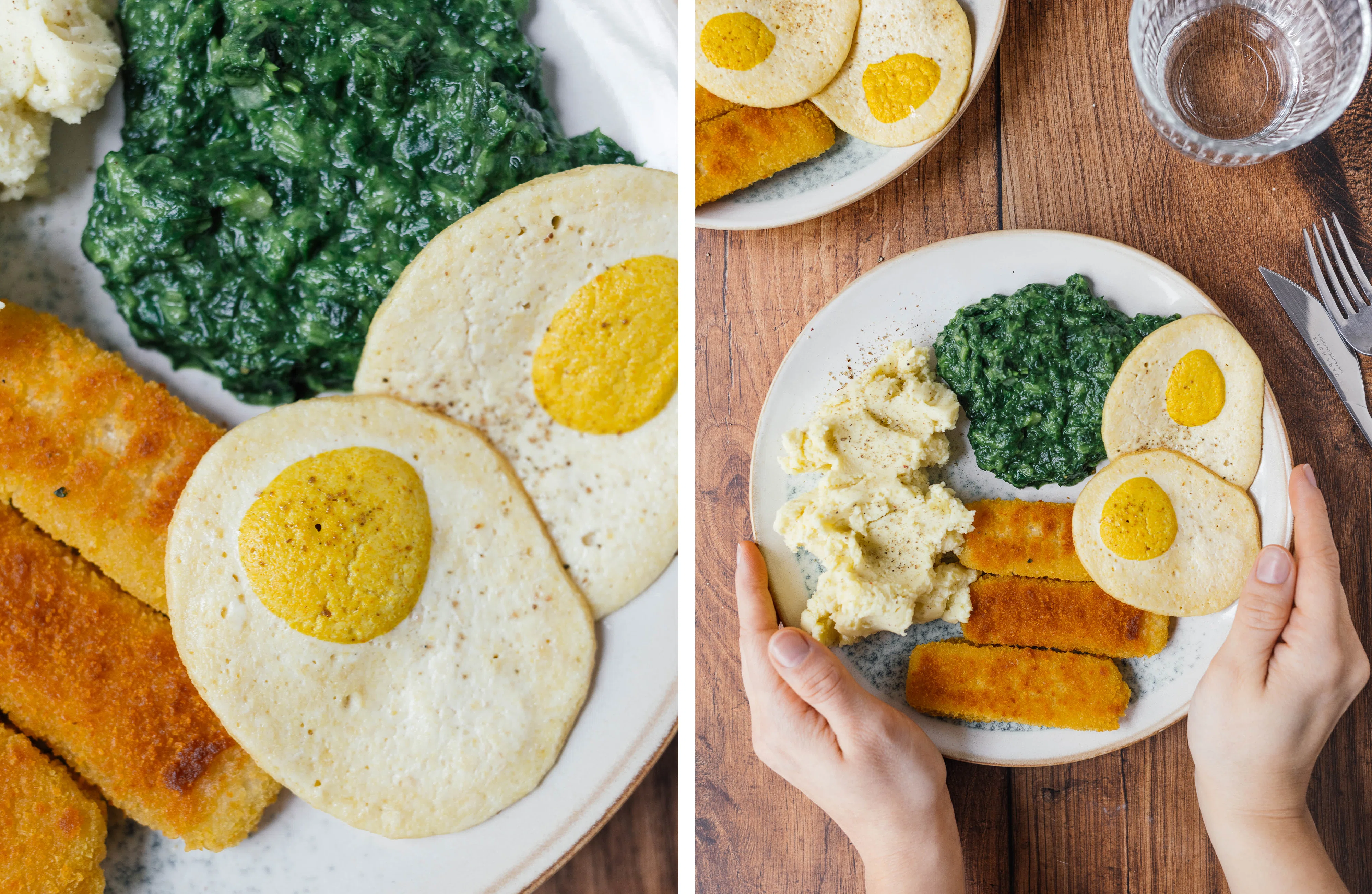 R448 Kartoffelbrei mit Rahmspinat & veganen Spiegeleiern