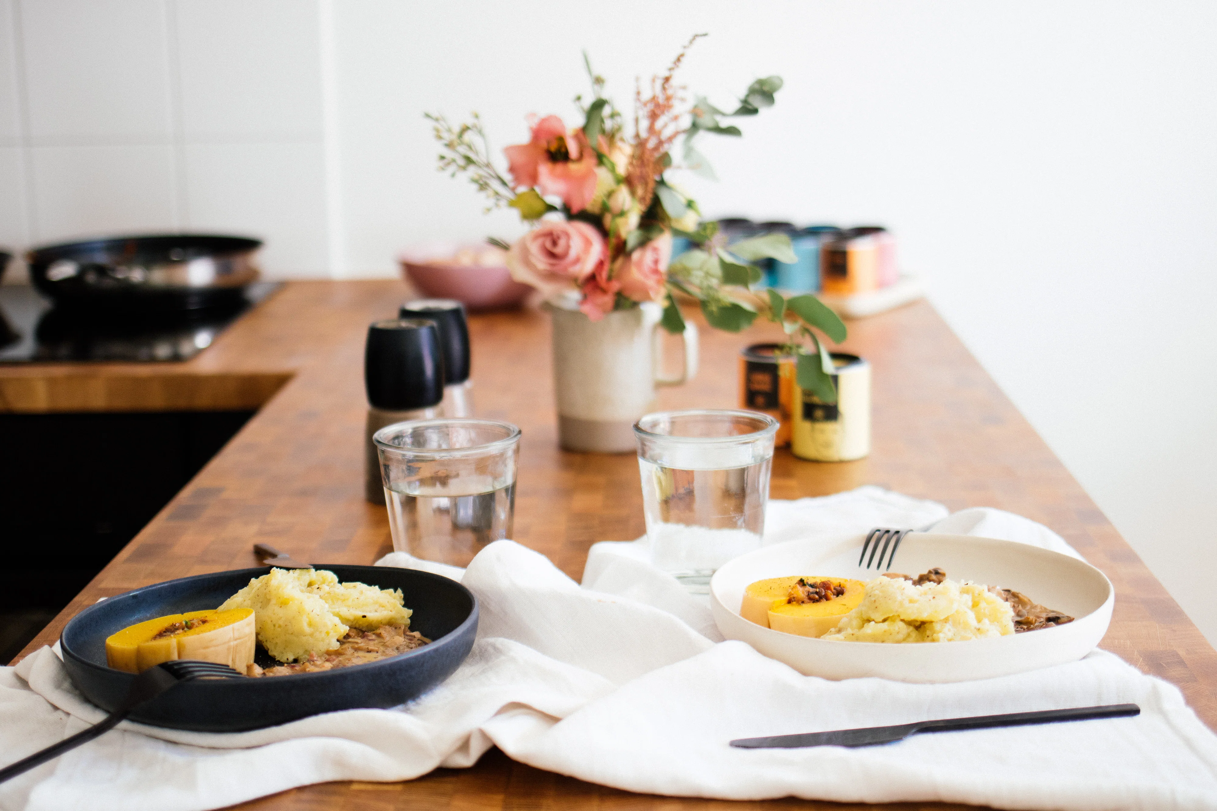 R434 Stuffed Butternut Squash with vegan cream sauce & potato mash