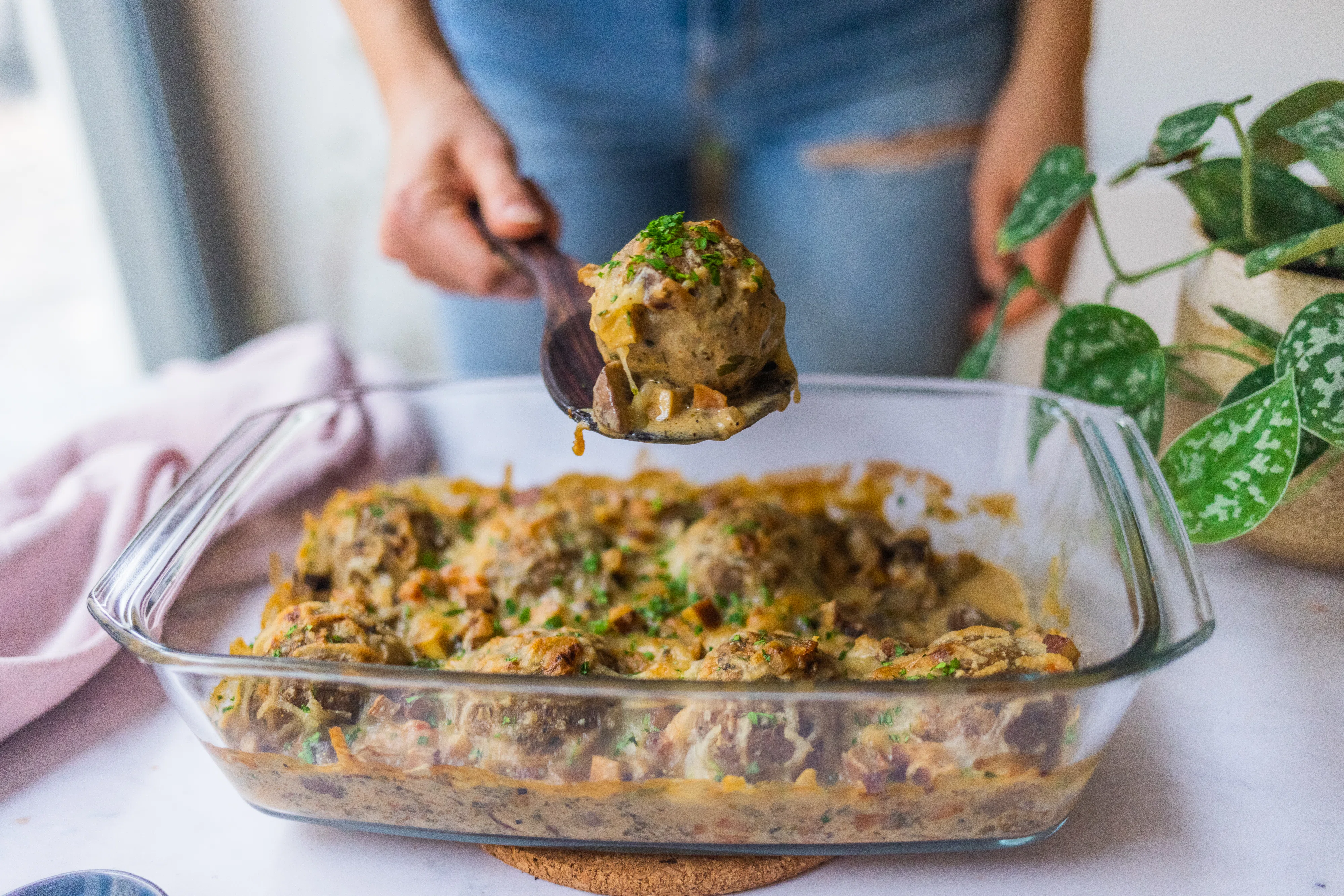 Vegan Dumpling Casserole with Creamy Mushroom Sauce