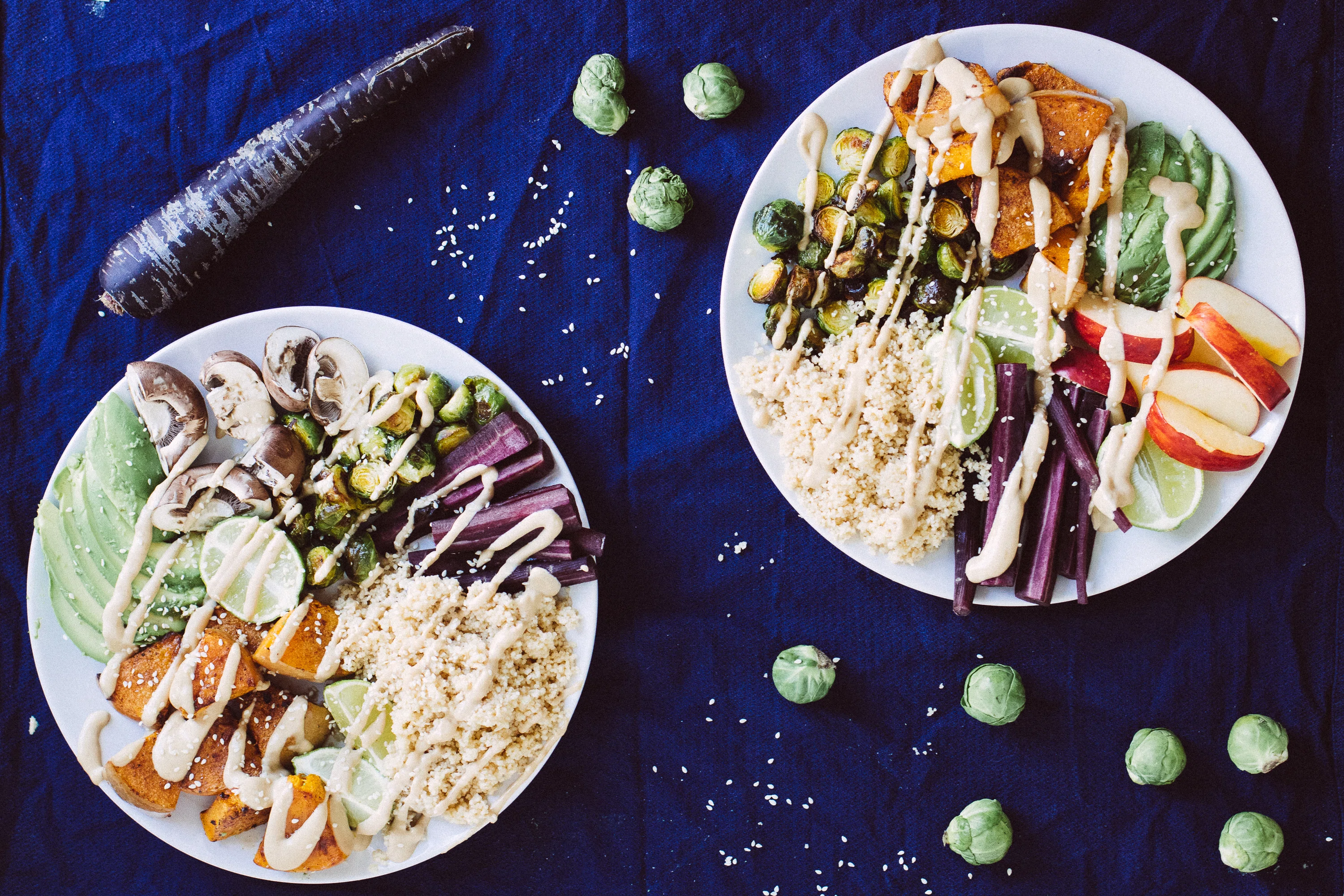 Vegan Couscous Bowl with Brussels Sprouts & Tahin Dressing