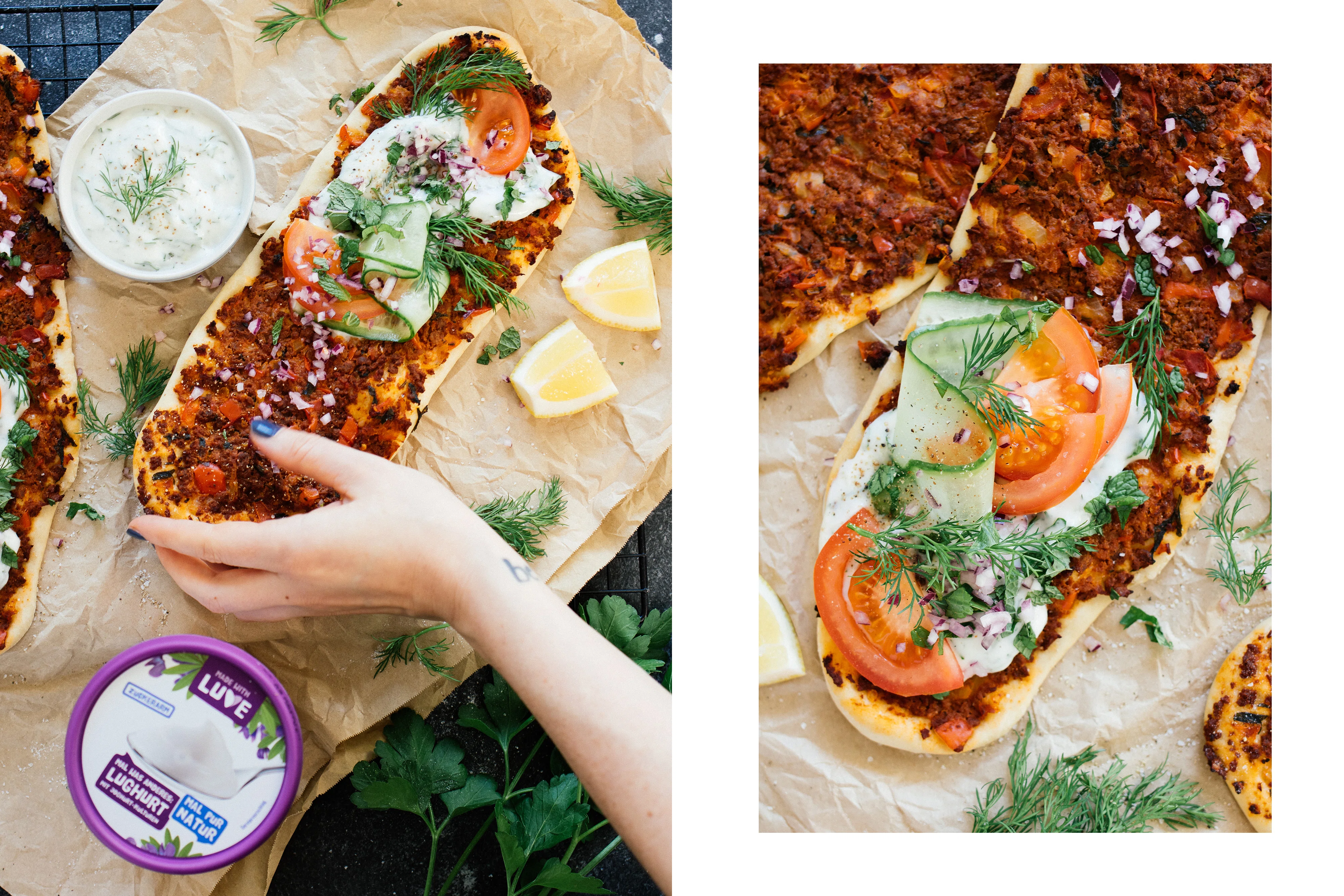 R477 Vegan Turkish Pizzas with herbed yogurt