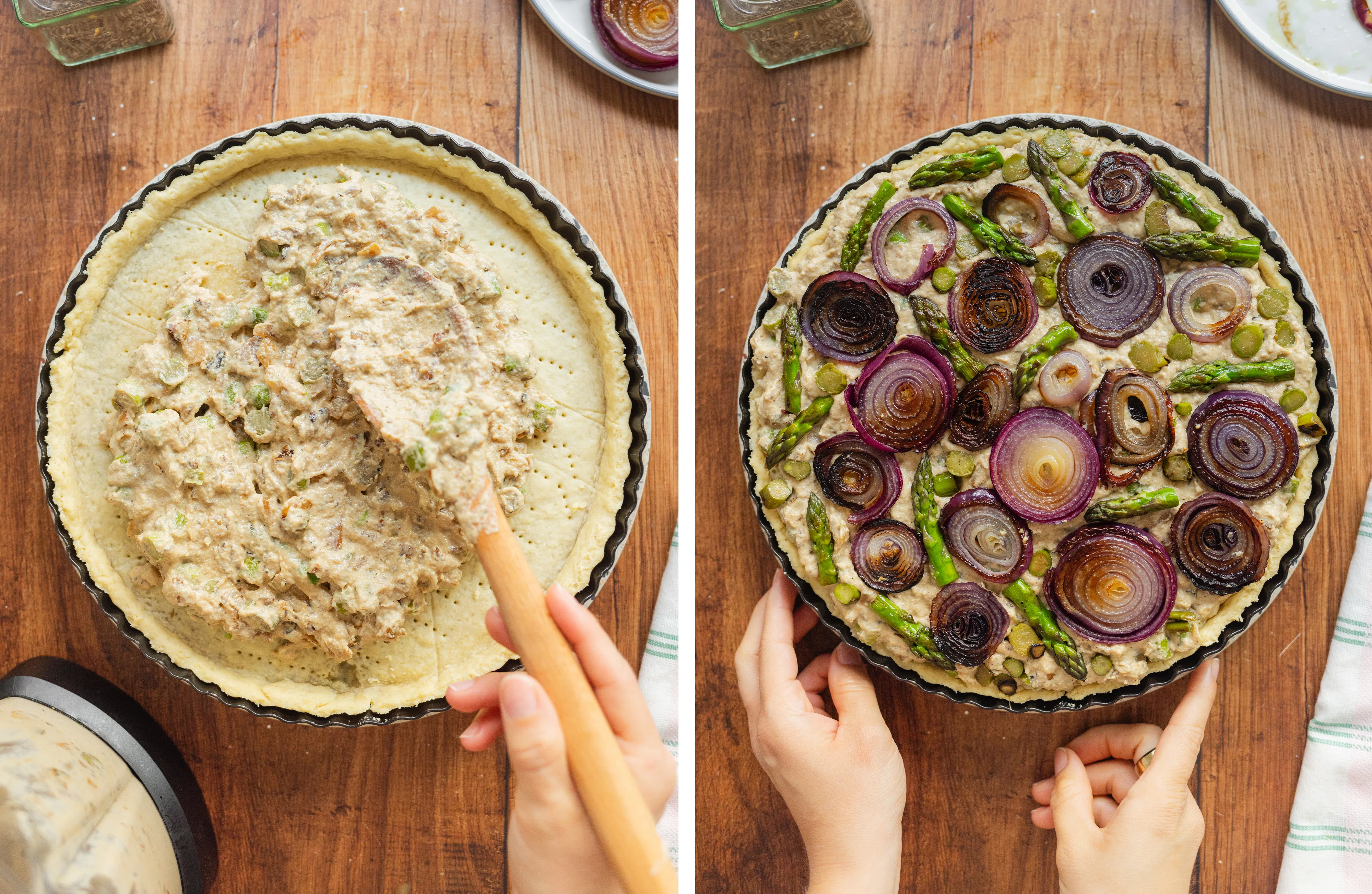R580 Vegane Zwiebelquiche mit grünem Spargel
