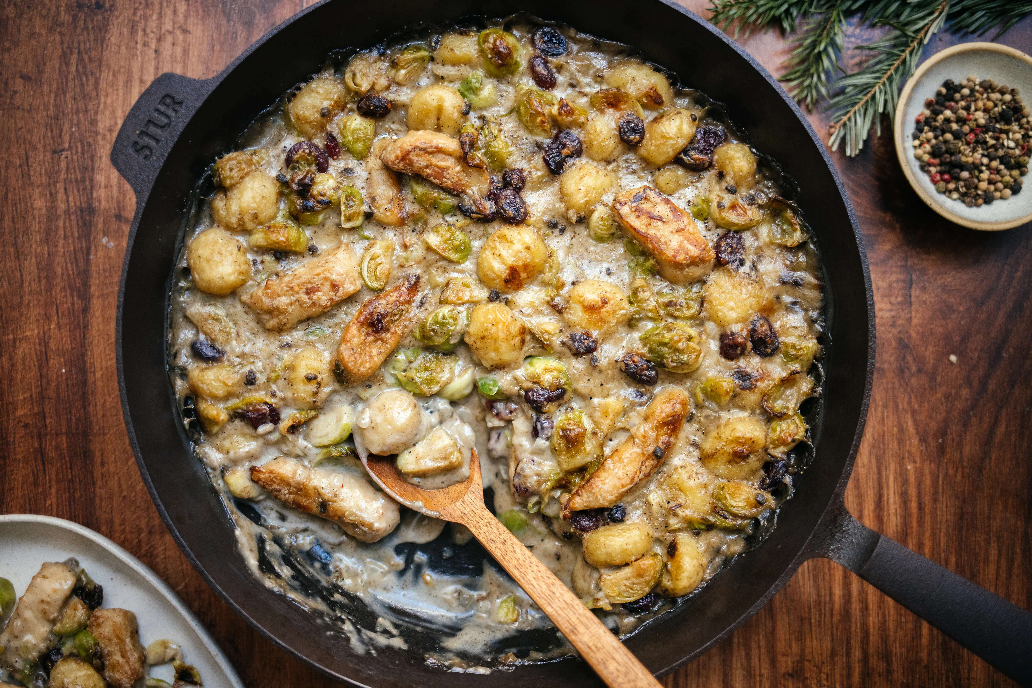 Baked Gnocchi with Brussels Sprouts and Plant-Based Chicken
