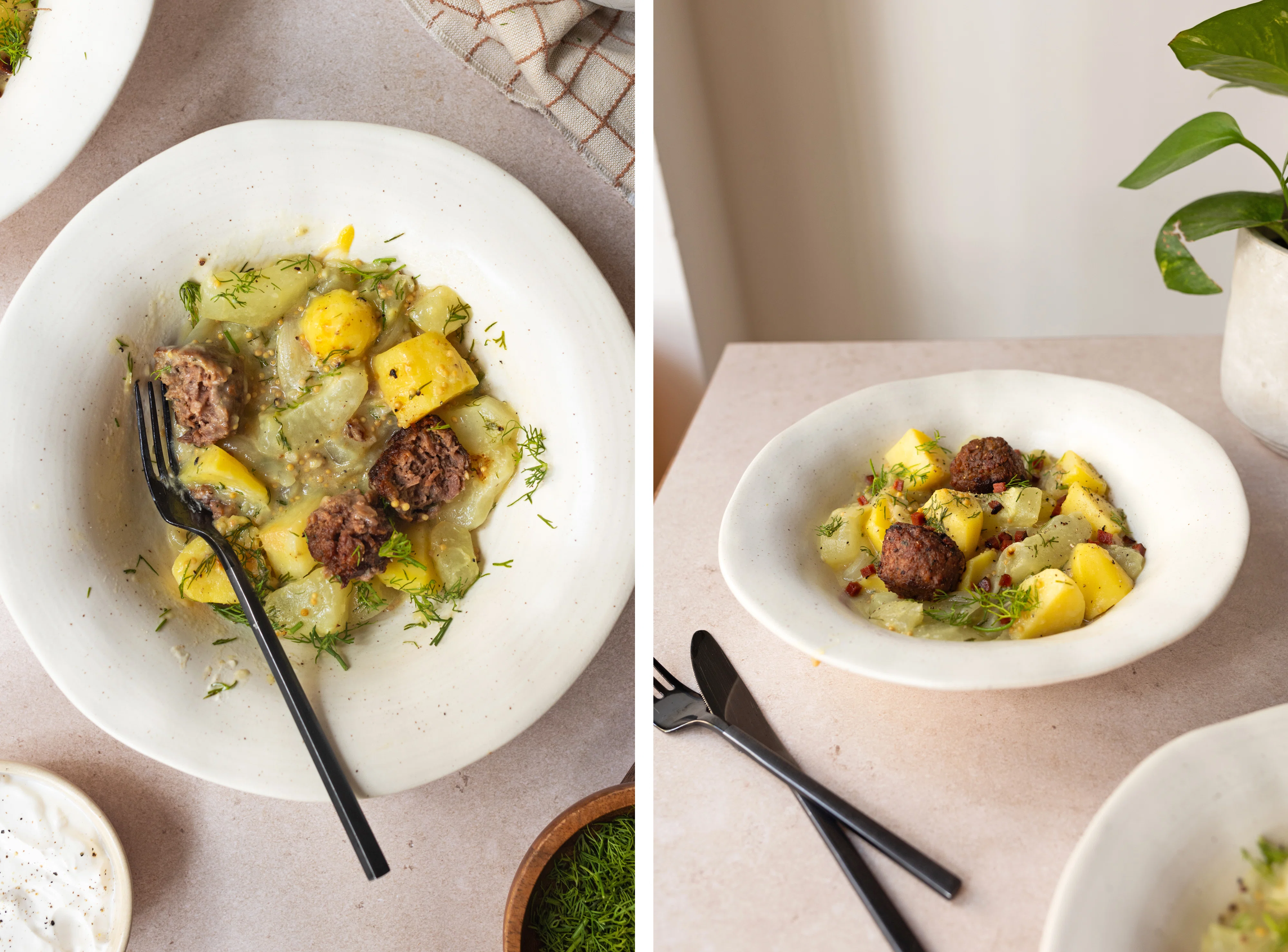 R837 Schmorgurken-Kartoffel-Pfanne mit veganen Hackbällchen