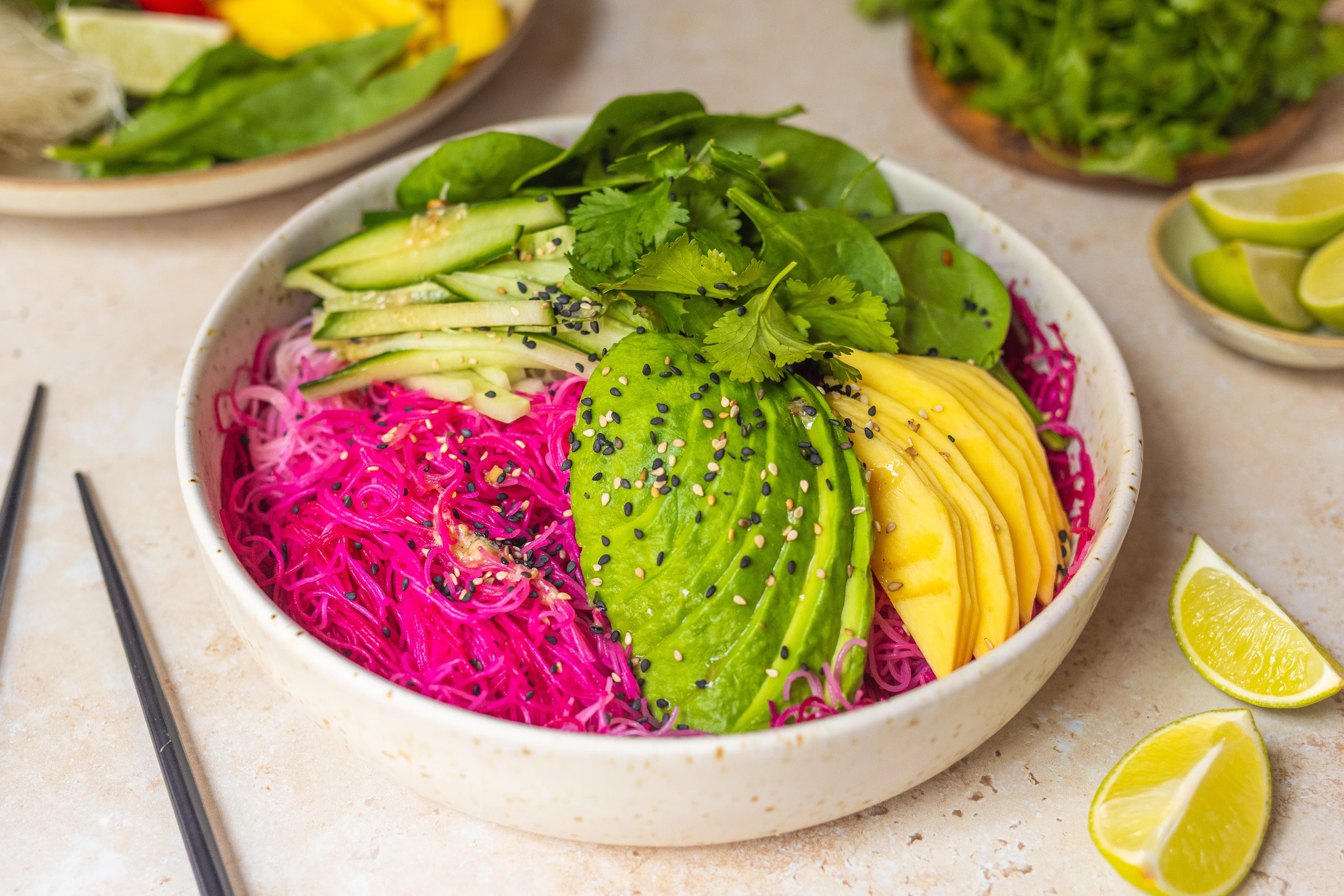 Pink vegan glass noodle salad