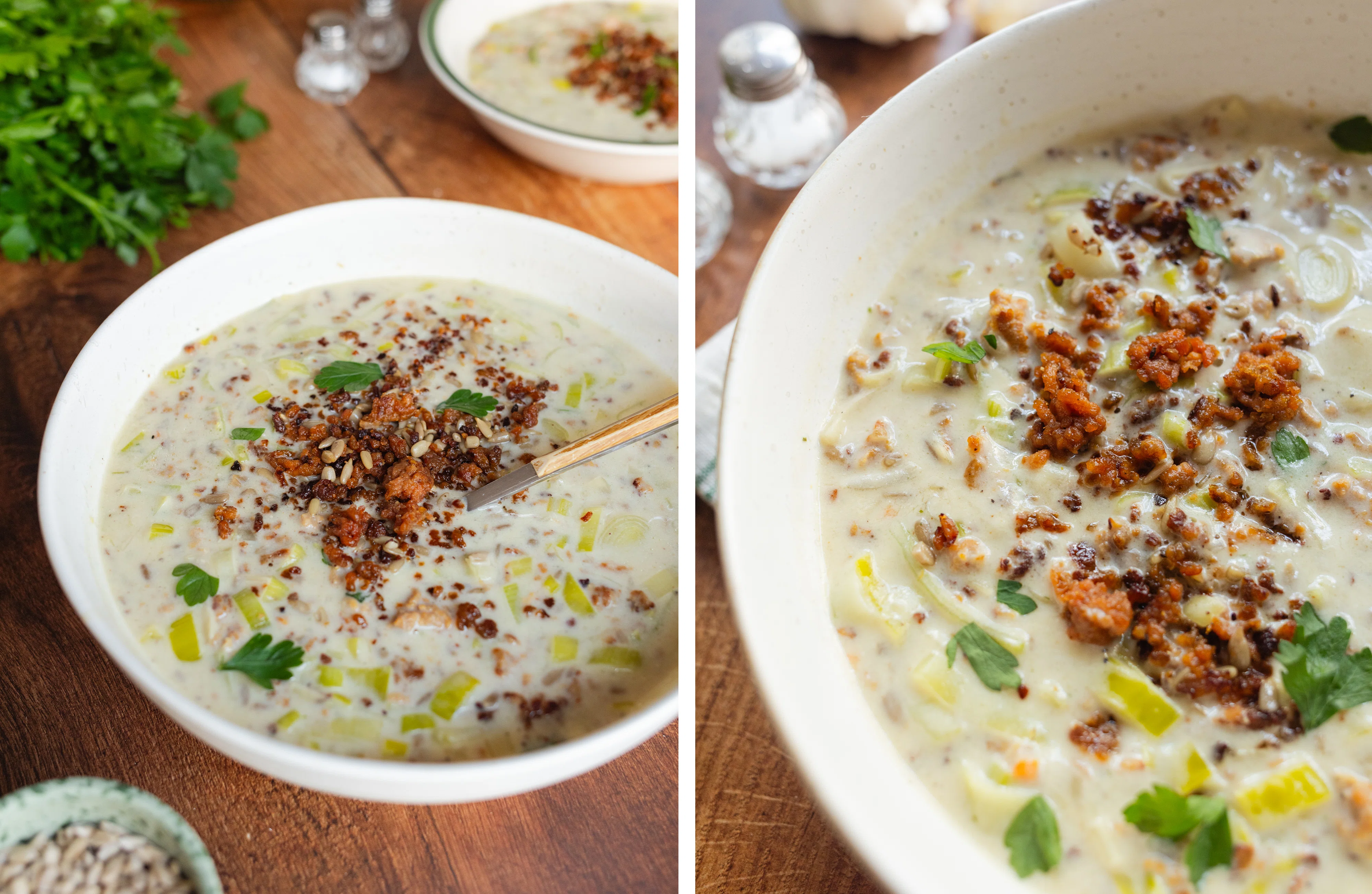 R347 Vegan Creamy Leek Soup with Vegan Mince