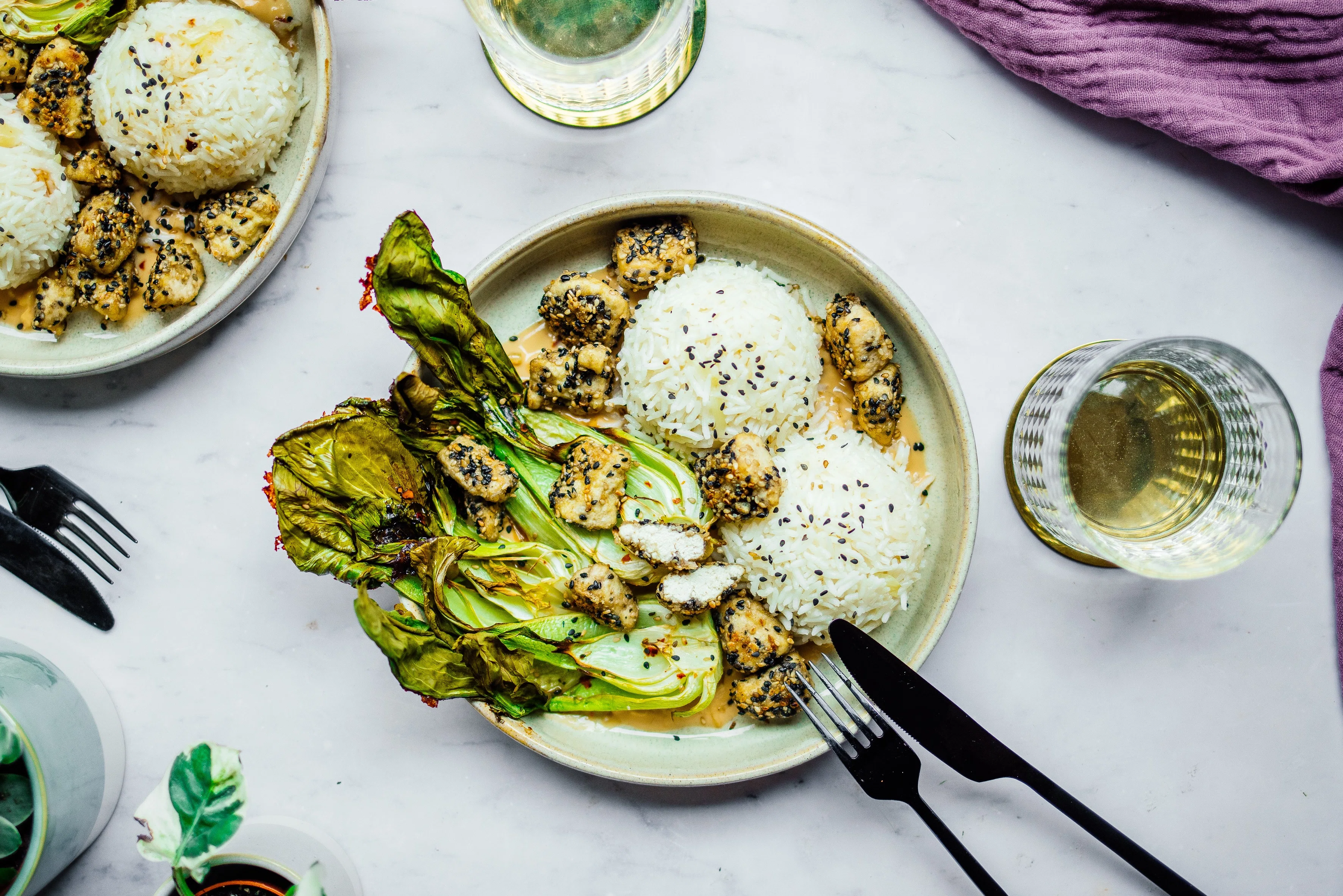 Crispy Tofu with Garlic Rice and Pak Choi