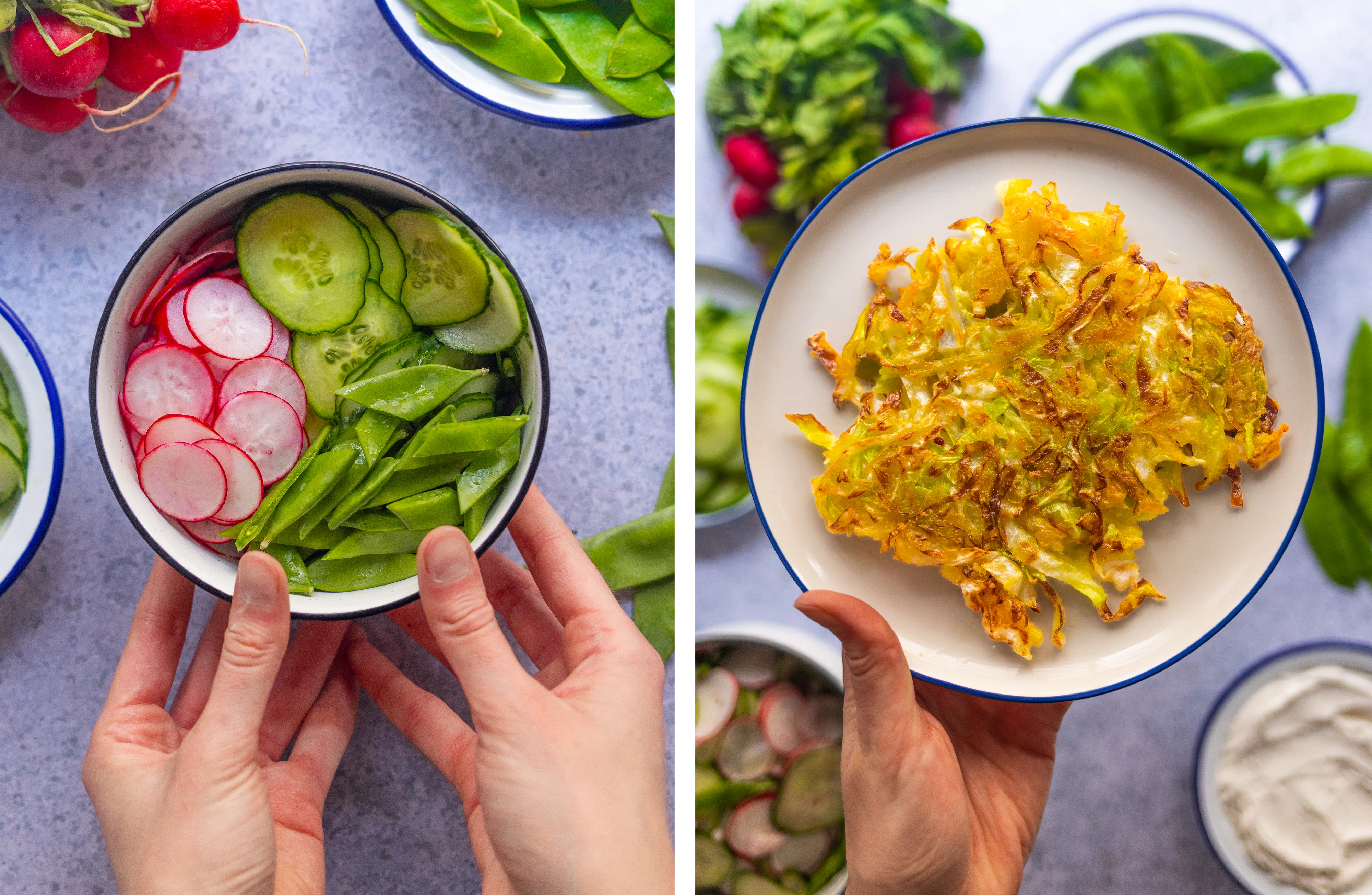 R972 Pointed Cabbage Rösti with Sour Cream and Radish-Cucumber-Sugar Snap Pea Salad