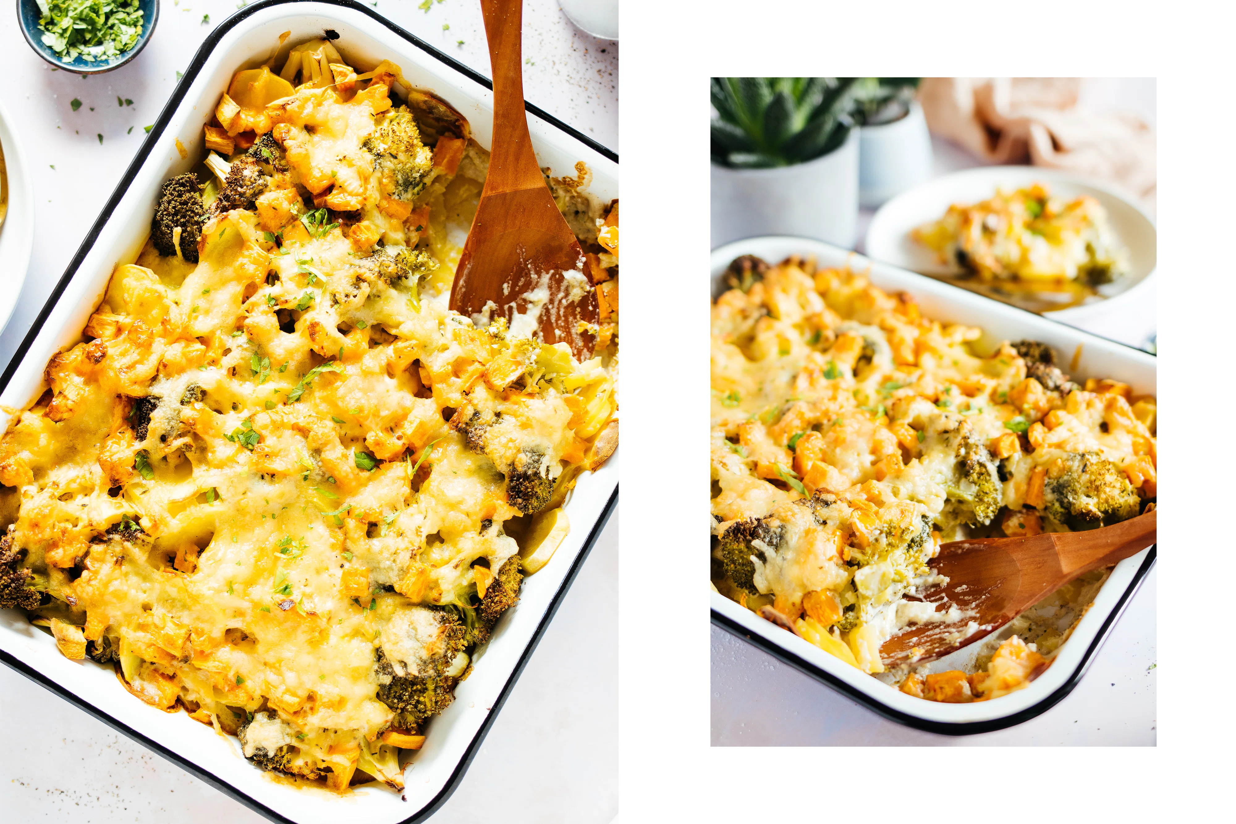 R585 Cremiger, veganer Kartoffel-Brokkoli-Auflauf