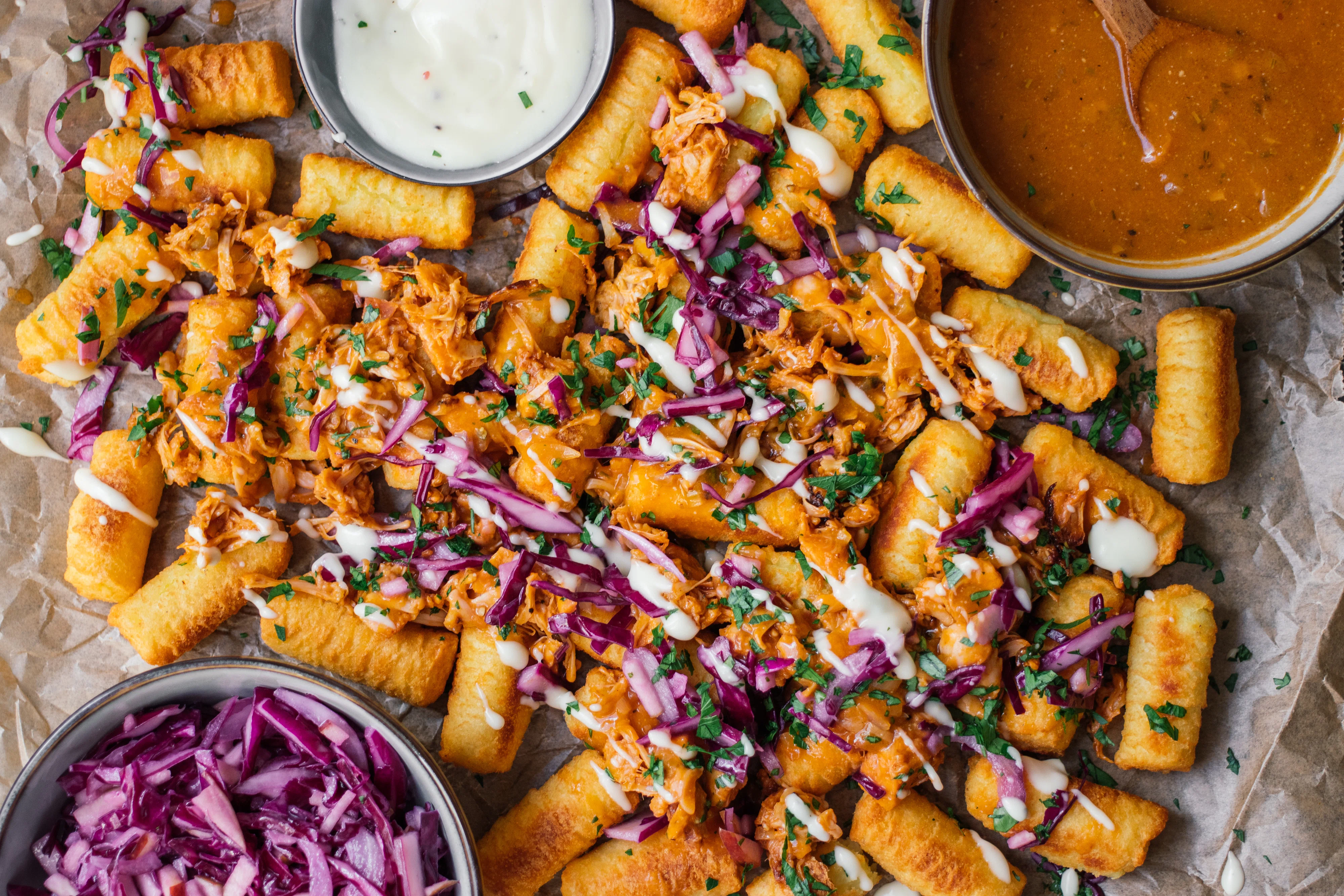 Loaded Tater Tots with Jackfruit, Red Cabbage Slaw, And Quick Vegan Gravy