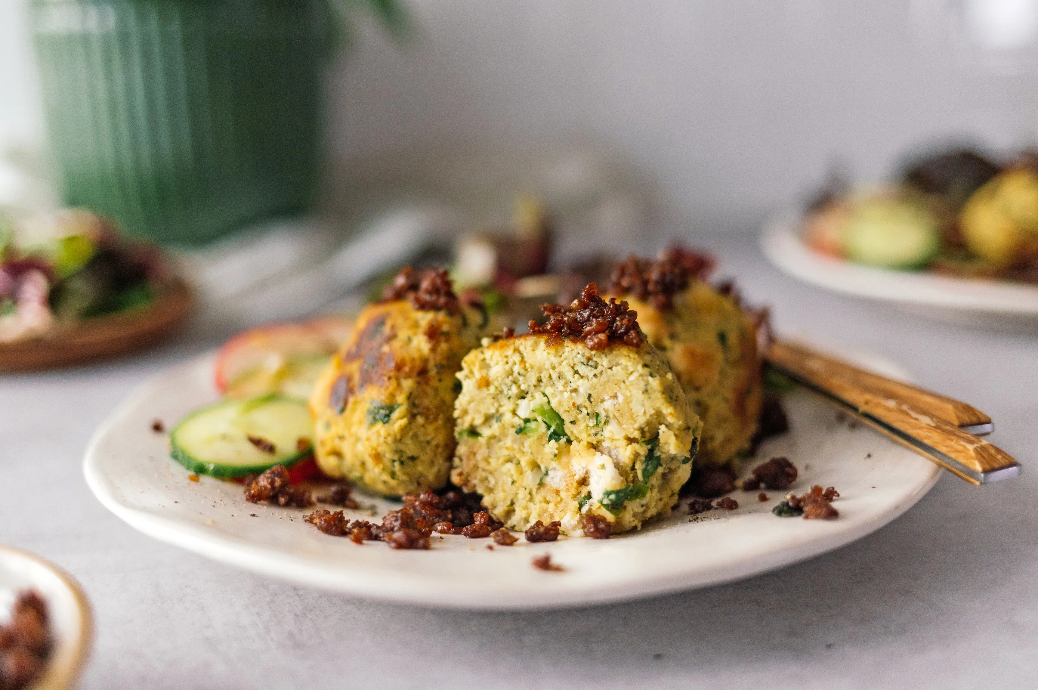 Tofu Spinach Dumplings with Salad and Crispy Pumpernickel Breadcrumbs 