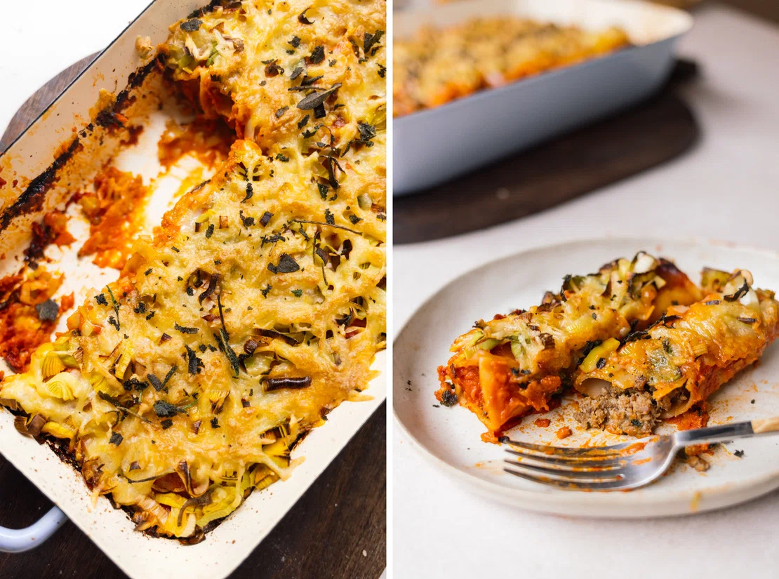 Cannelloni mit veganer Hackfüllung und Käse-Lauch-Topping - Zucker ...