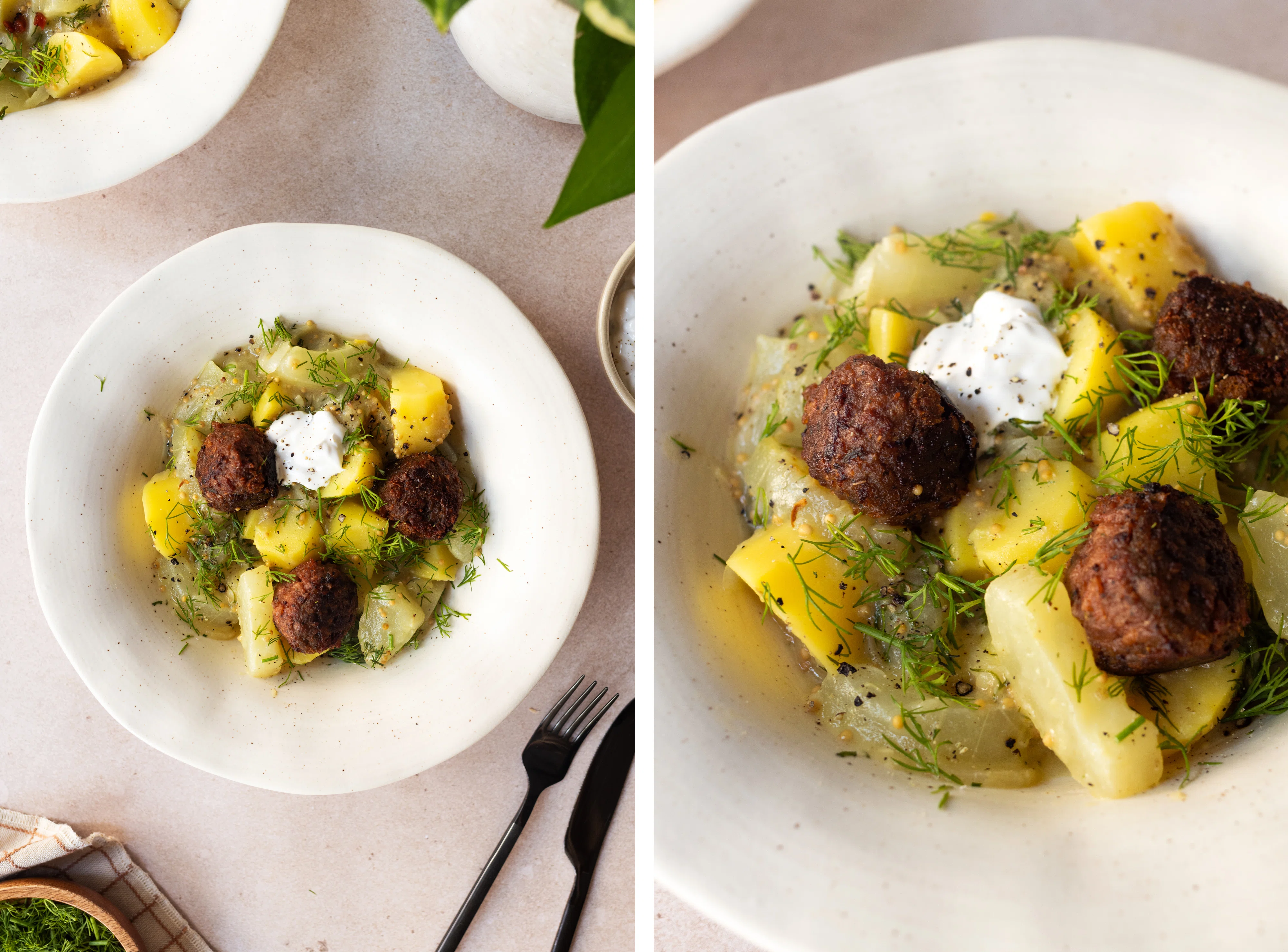 R837 Schmorgurken-Kartoffel-Pfanne mit veganen Hackbällchen