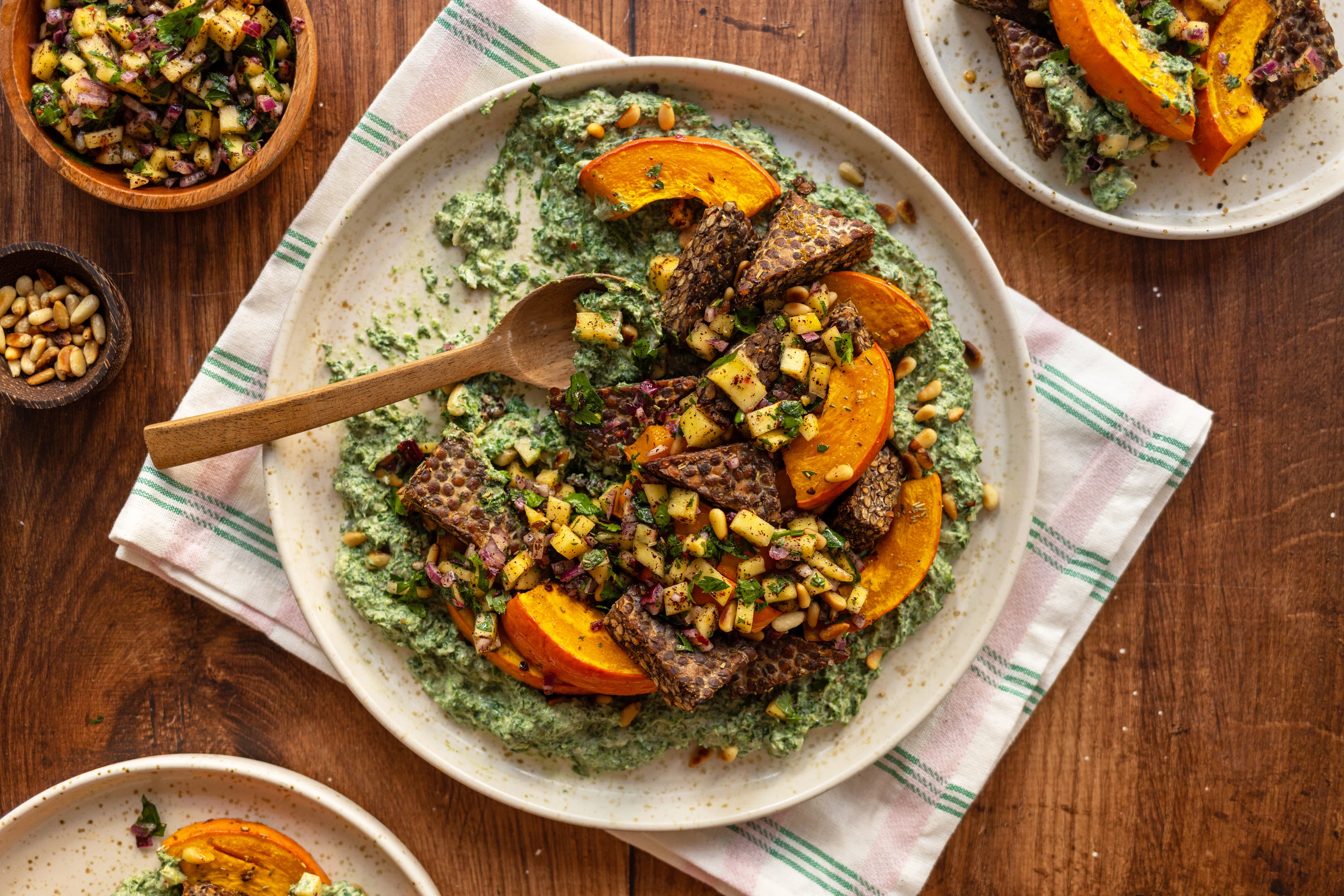 Baked Pumpkin and Tempeh With Creamy Spinach and Mango Salsa