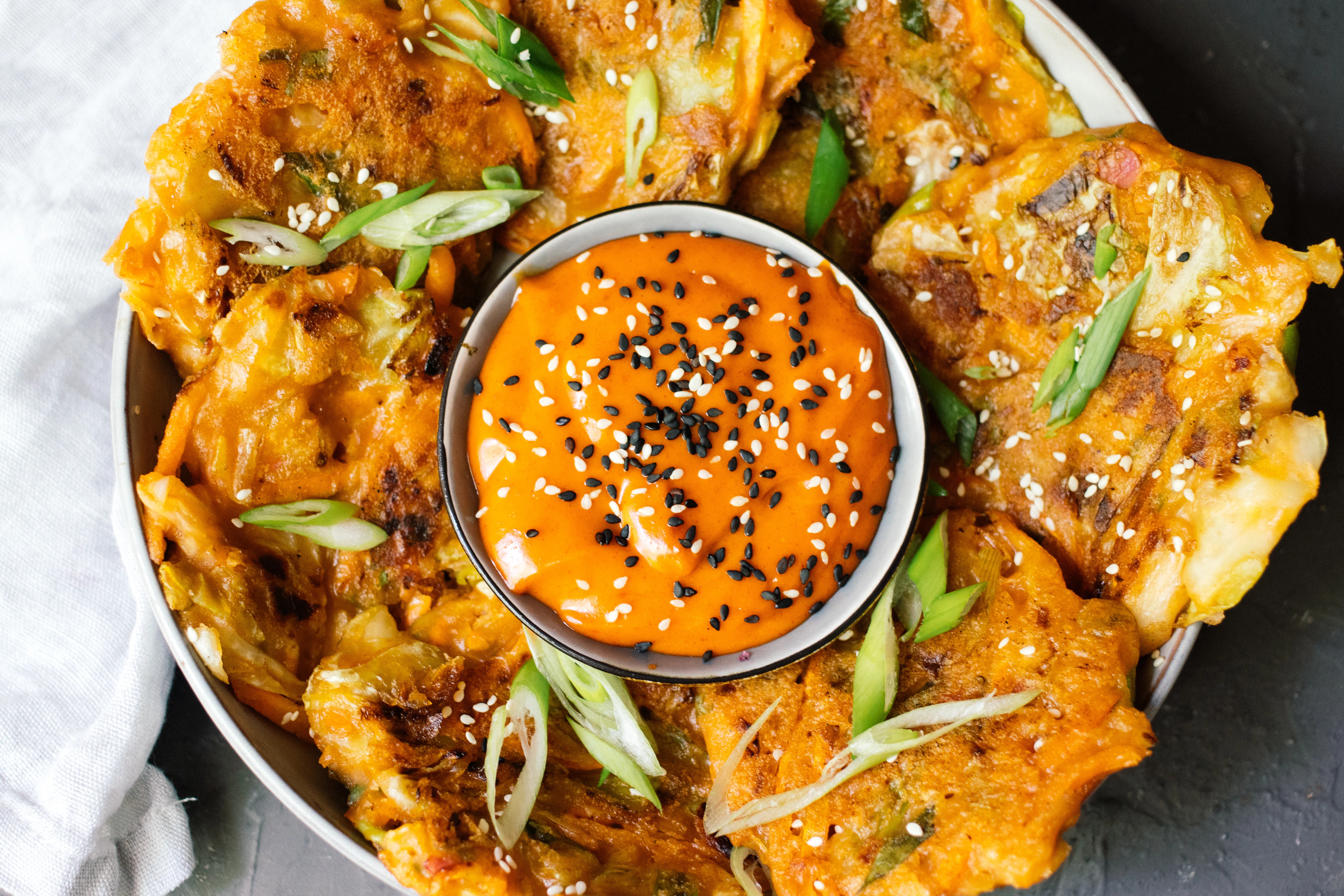 Vegan Kimchi Pancakes with Gochujang Dip