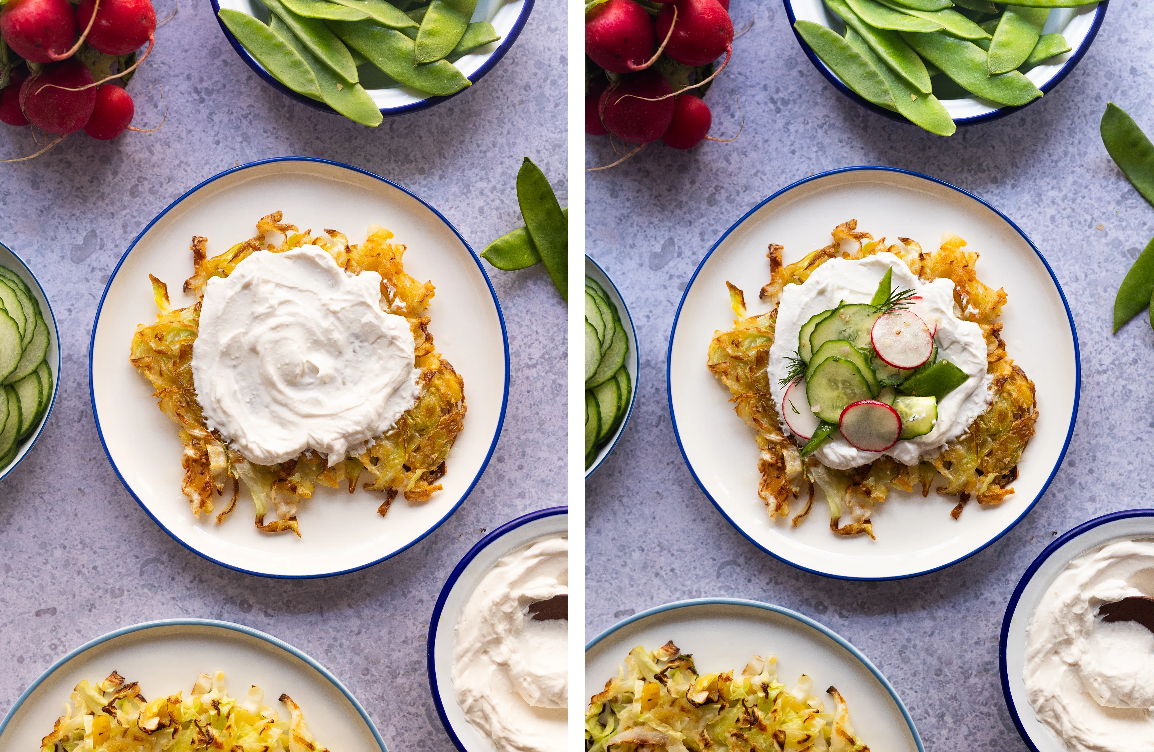 R972 Pointed Cabbage Rösti with Sour Cream and Radish-Cucumber-Sugar Snap Pea Salad