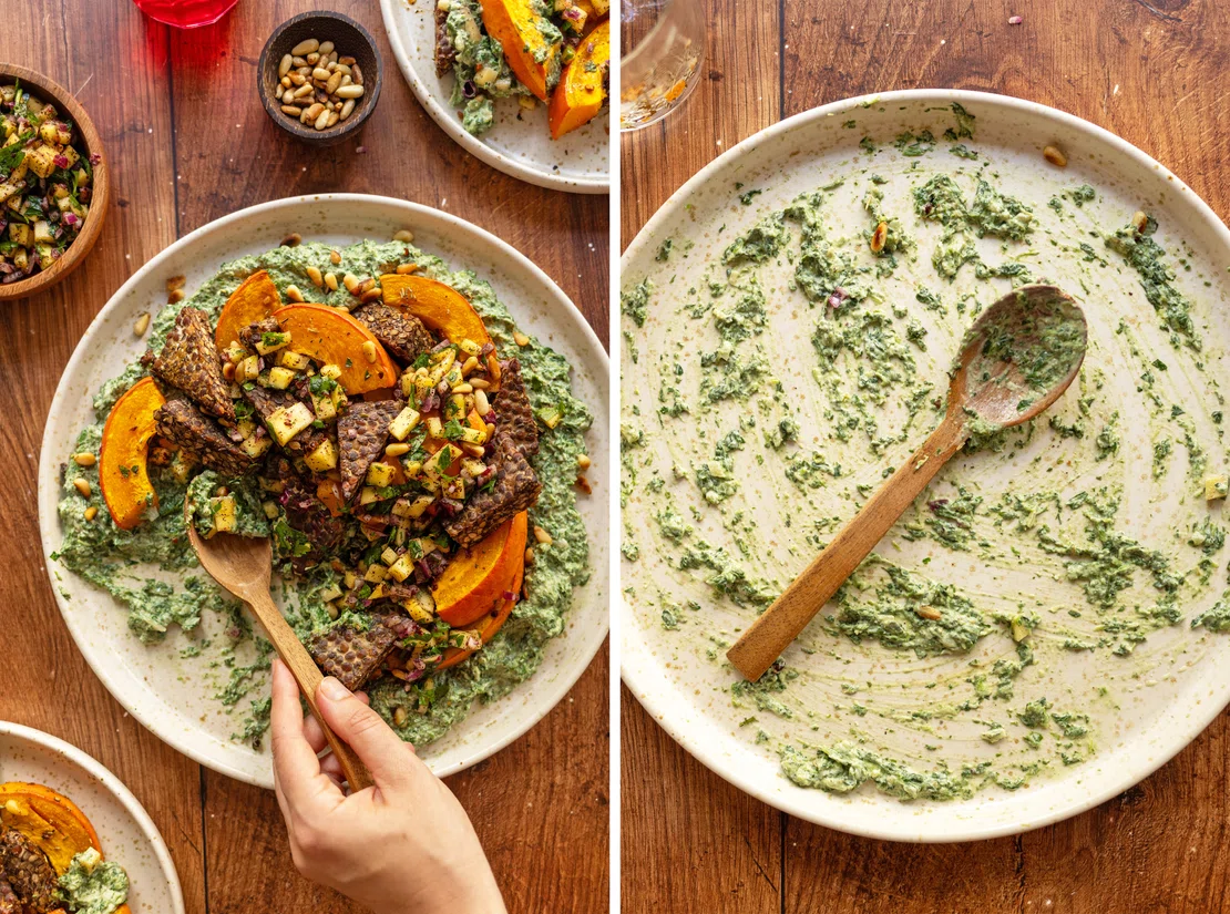 Tempeh-Kürbis-Pfanne mit Mango-Salsa | veganes Rezept - Zucker&amp;Jagdwurst