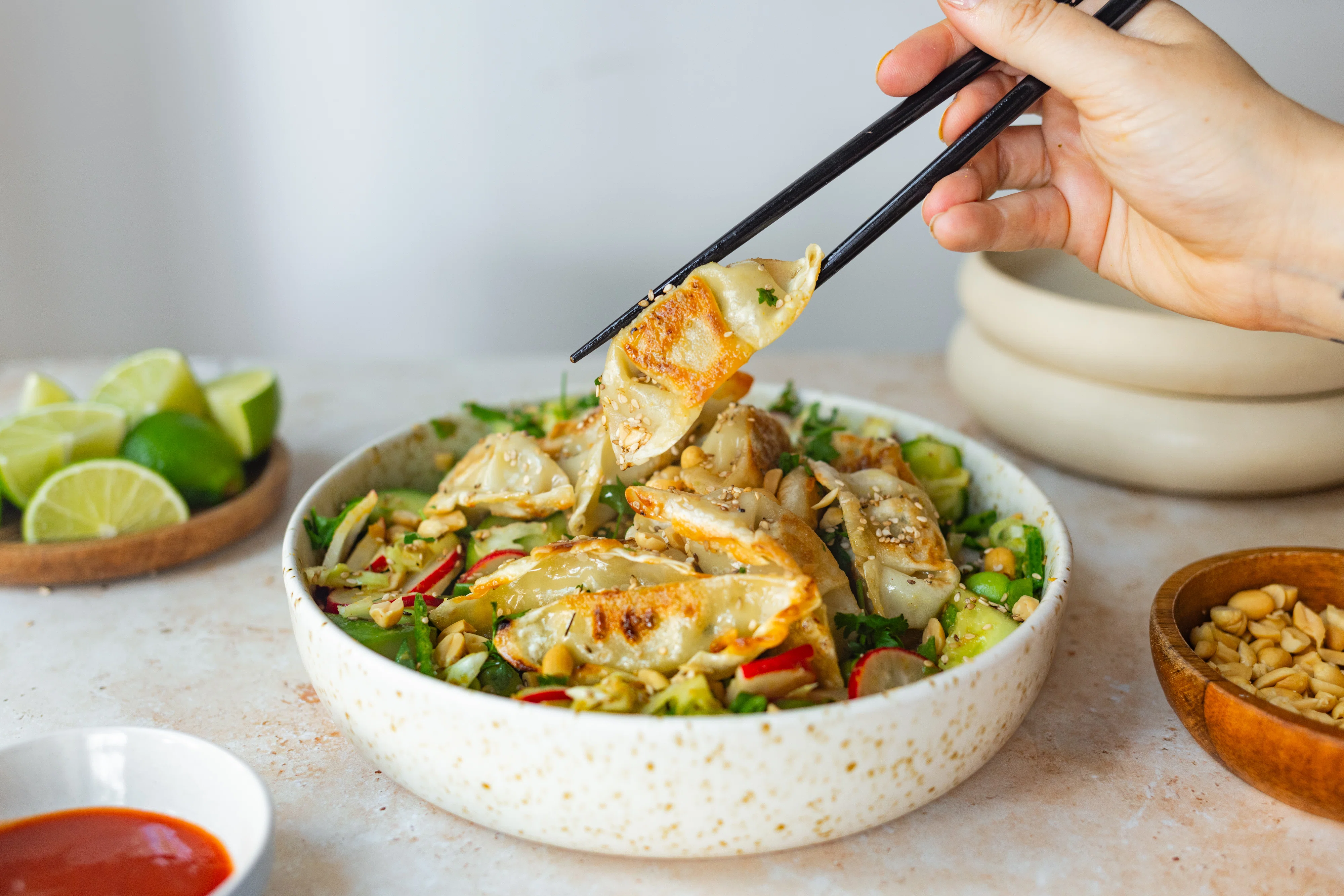 Knuspriger Dumpling Salat mit Currydressing