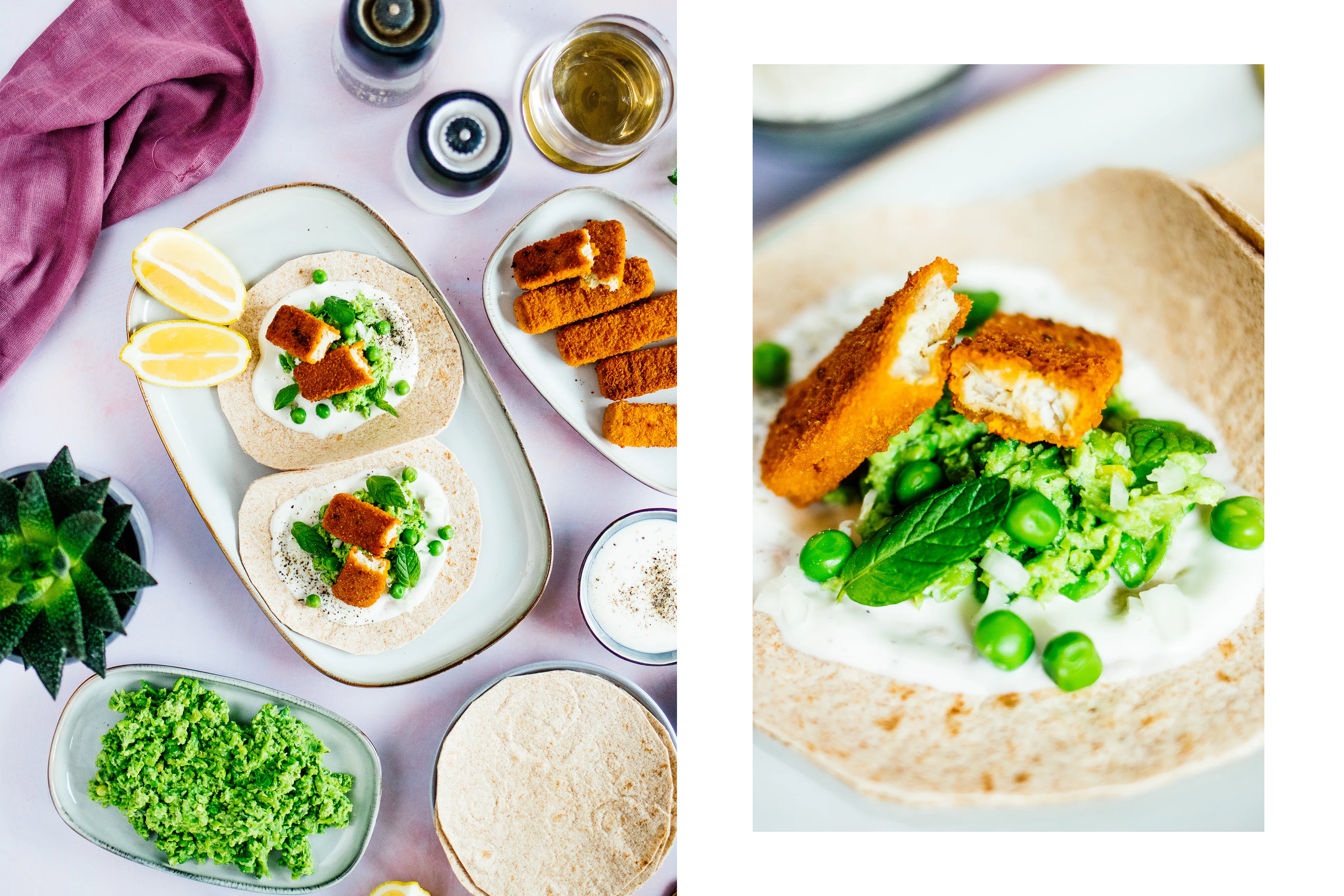 R613 Vegan Fish Stick Tacos with Minty Pea Mash