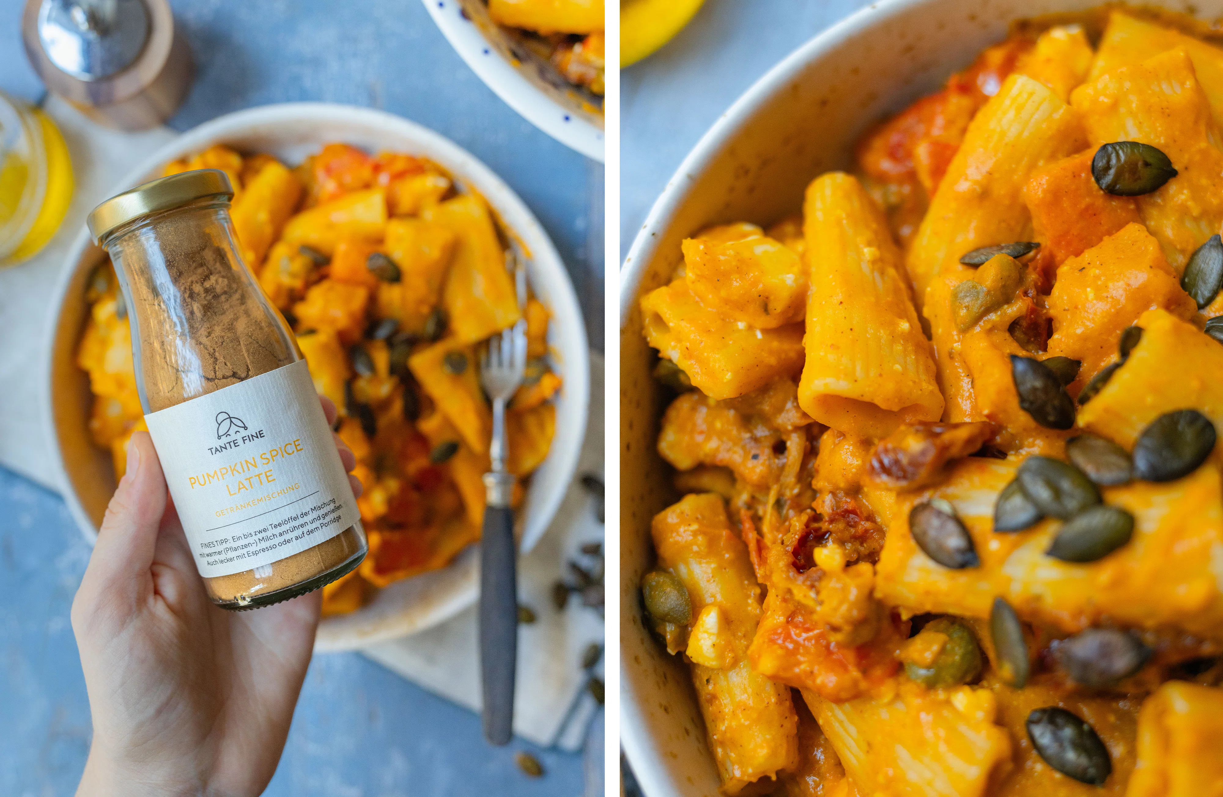 R902 Vegane Kürbis-Pasta mit Tomate & Feta